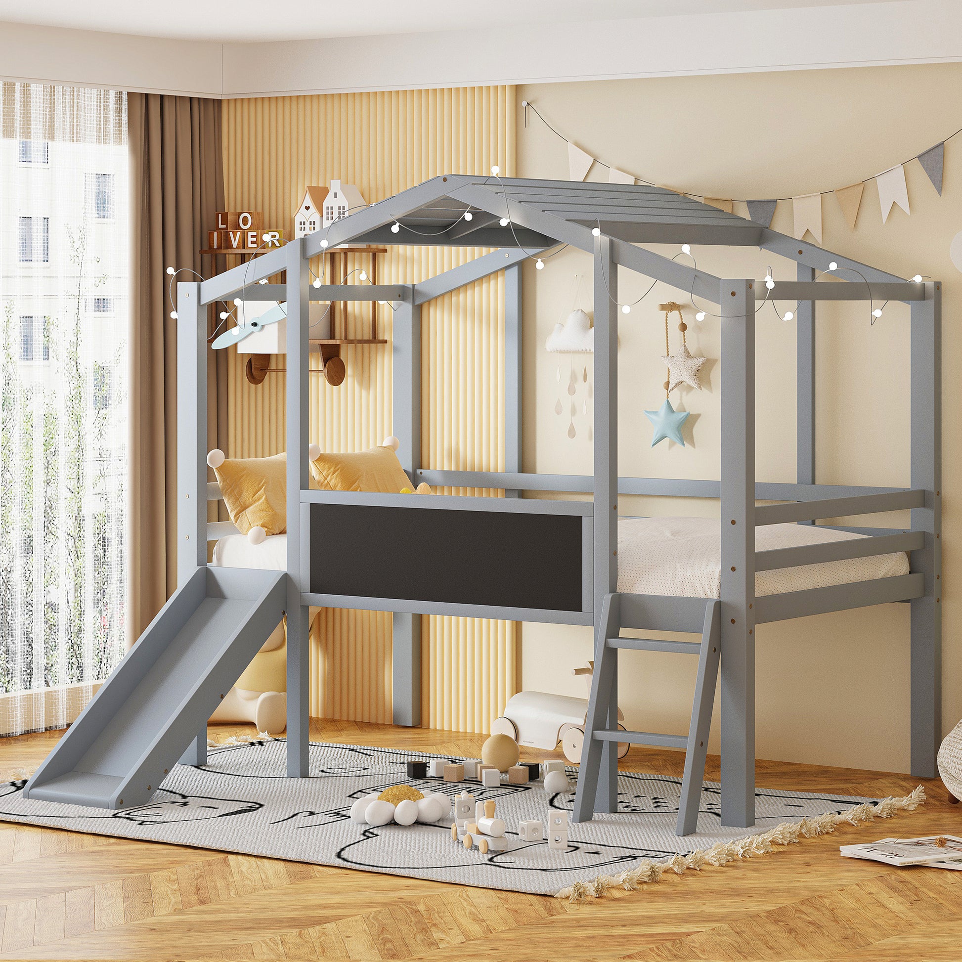 Twin Size Loft Bed With Ladder And Slide, House Bed With Blackboard And Light Strip On The Roof, Gray Twin Gray Solid Wood Mdf