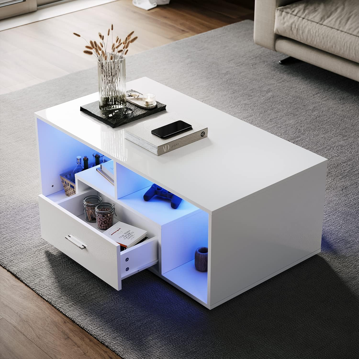 Dfw Coffee Table With Storage Compartment Drawers And Led Adjustable Lights Available In 16 Colours Sofa Table Side Table White White Primary Living Space Poplar Rectangular White Drafting Table Mid