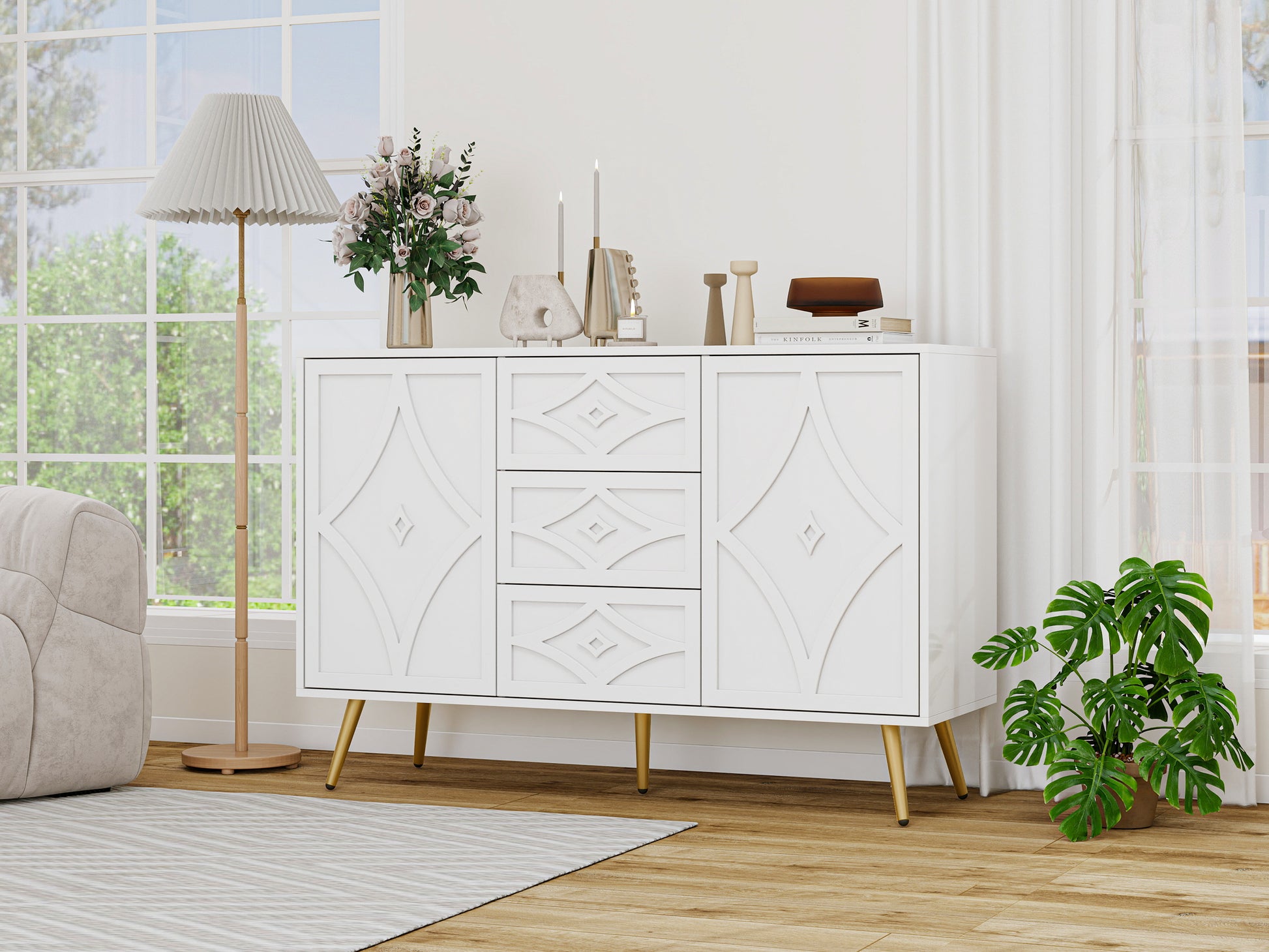 2 Door 3 Drawer Storage Cabinet Buffet Cabinet ,Sideboard With Adjustable Shelf,47.24" Kitchen Cabinet With 3 Drawer ,Storage Cabinet For Living Room Kitchen Dining Room Entrance White Particle Board Mdf