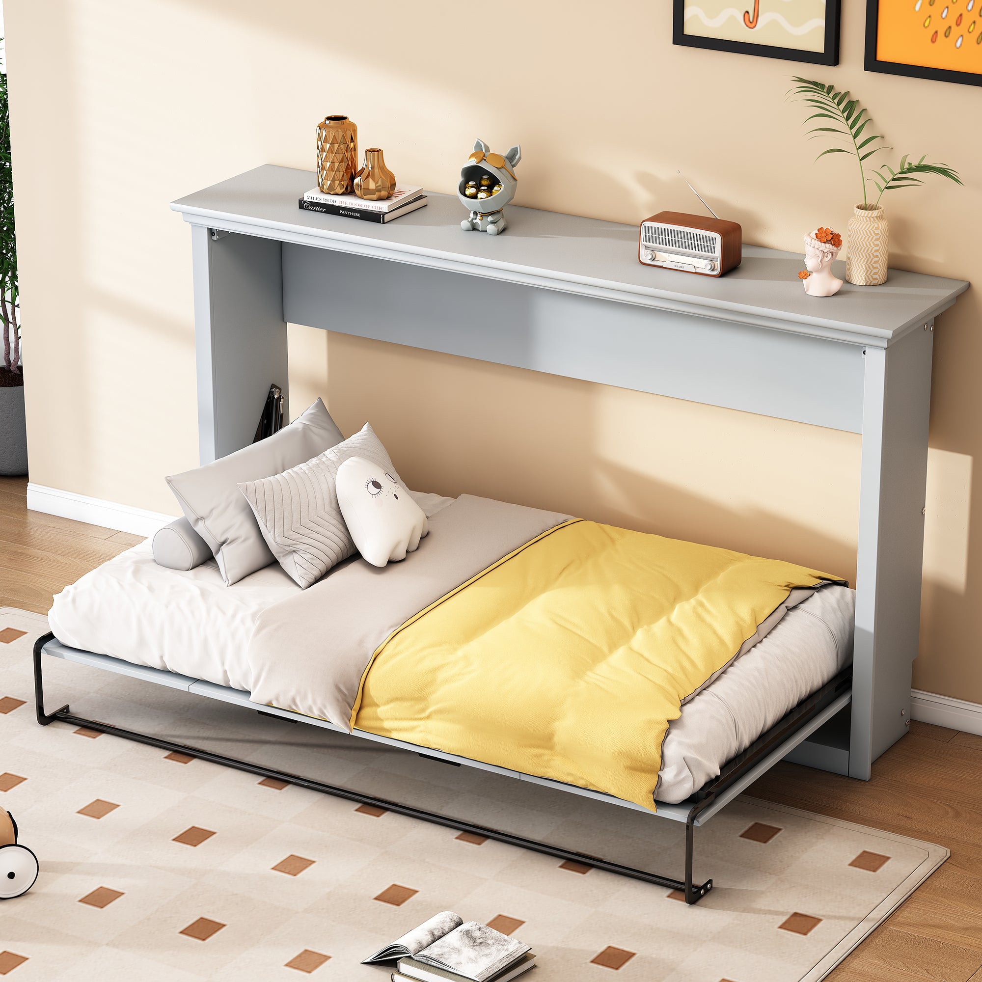 Twin Size Murphy Bed, Can Be Folded Into A Cabinet, Gray Twin Box Spring Not Required Grey Murphy Solid Wood Mdf