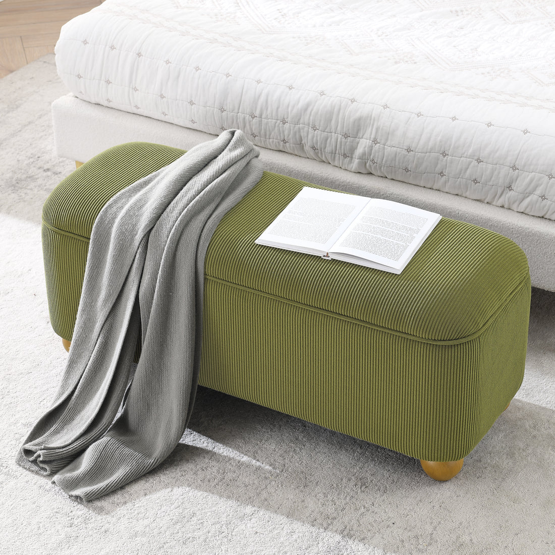 Flannelette Fabric Storage Ottoman Bench, Cushioned Bed End Ottoman Bench With Storage And Seat, Suitable For Bedrooms, Living Rooms, And Entrance Passages Green 41.73"*15.55"*17.71" Green Foam