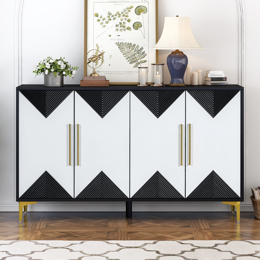 Unique Features Of A Four Door Cabinet With Two Tone Triangular Pattern Doors, Suitable For Entryway, Hallway, Living Room 3 4 Spaces Black White Primary Living Space Adjustable Shelves Artsy,Contemporary Mdf