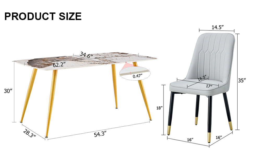 Table And Chair Set.Modern Minimalist Dining Table. White Imitation Marble Pattern Sintered Stone Desktop With Golden Metal Legs.Paried With 4 Comfortable Chairs With Pu Seats And Black Metal Legs.