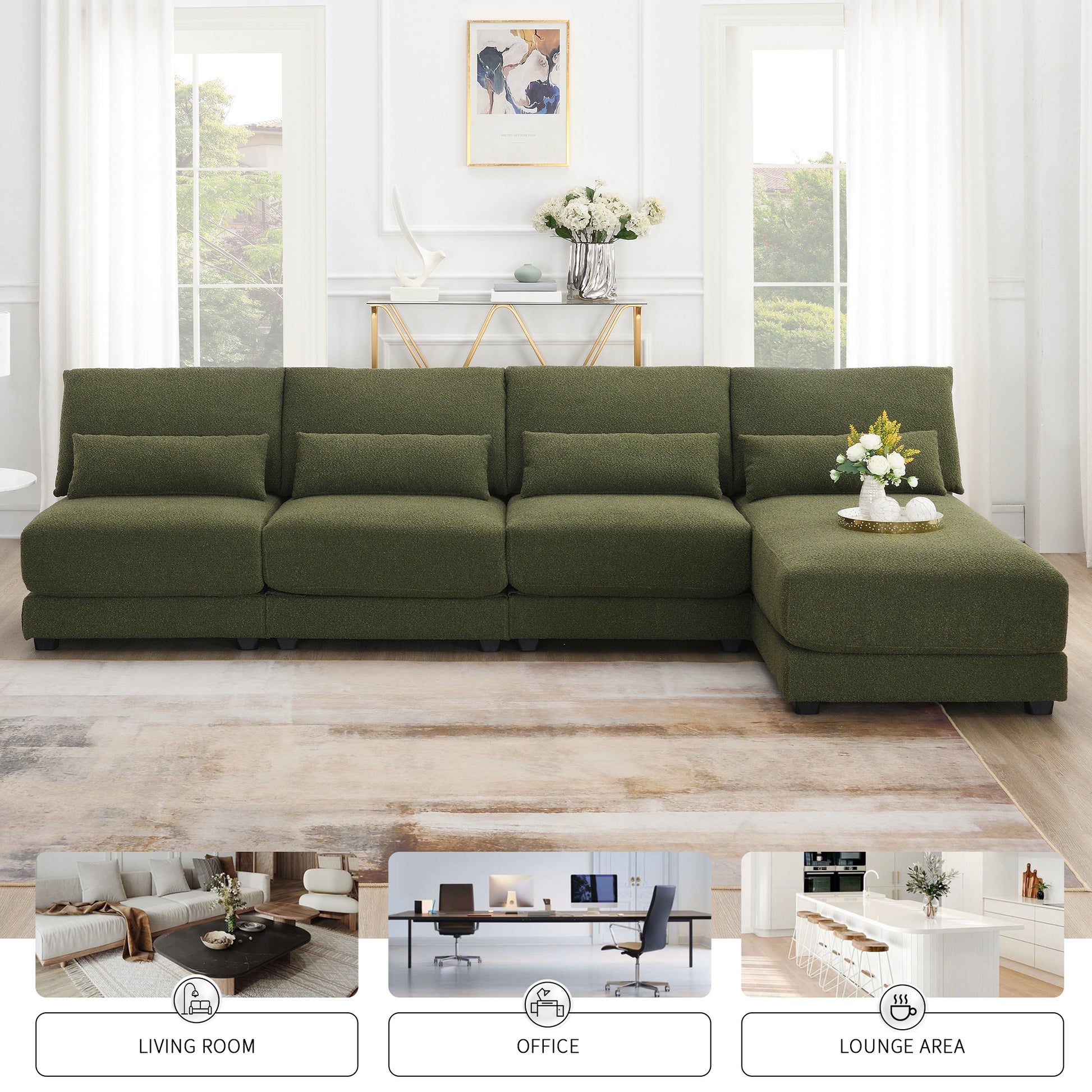 120*61" Oversized Deep Seat Sectional Sofa With Reversible Chaise,Loop Yarn Fabric 5 Seat Armless Indoor Furniture,Convertible L Shaped Couch For Living Room,Apartment,3 Colors Green Fabric 5 Seat