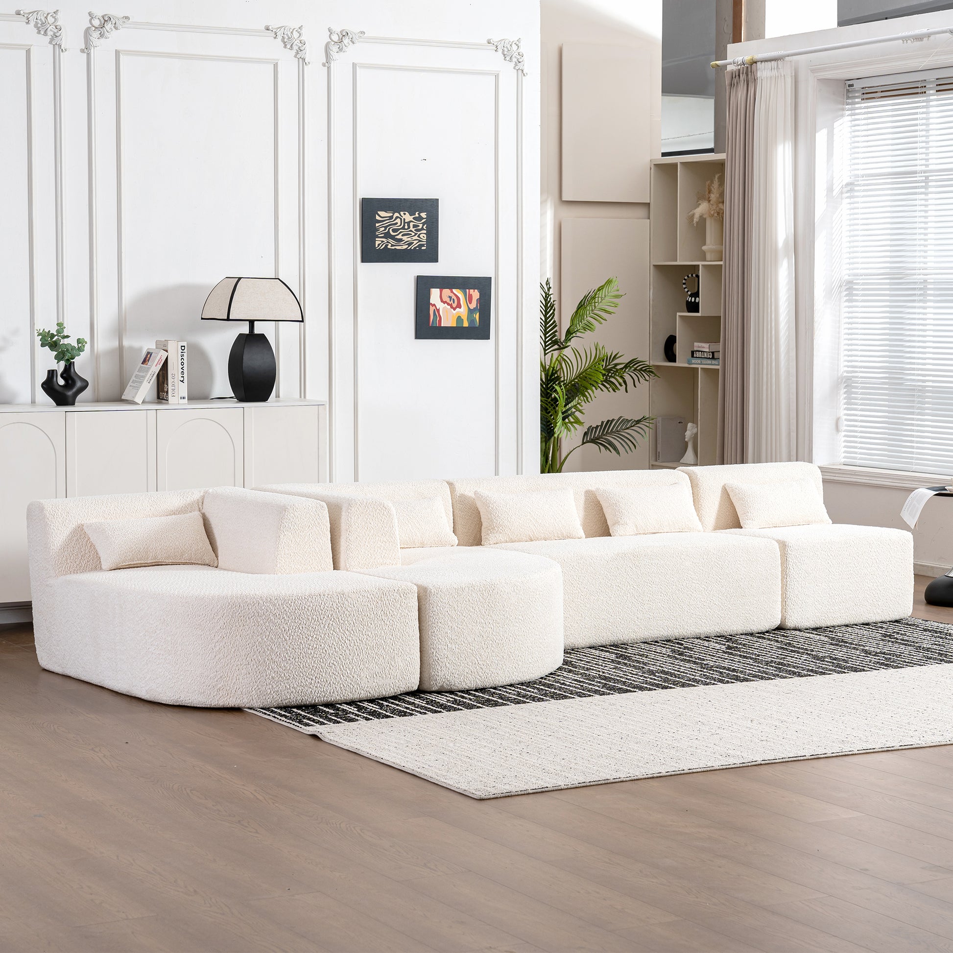 143.7" Upholstered Sofa Free Combined Sofa Couch With Two Chaise Lounge And Five Back Pillows For Living Room, Beige Beige Foam Polyester 5 Seat