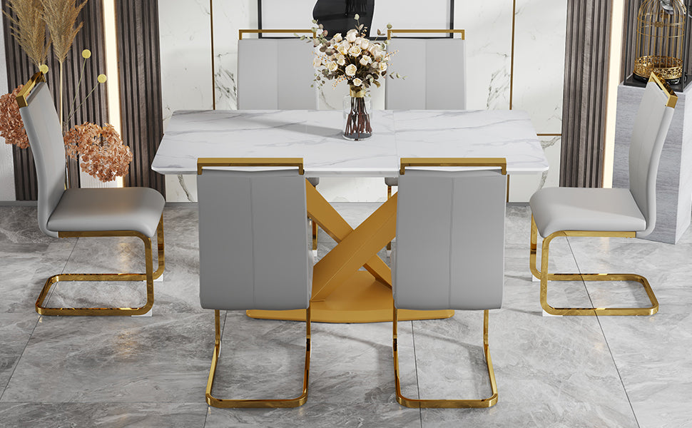 Table And Chair Set, The Table Is Equipped With A Marble Patterned Mdf Tabletop And Gold Table Legs.The Chair Is Equipped With Pu Synthetic Leather High Back Cushion And Gold Coated Metal Legs. Grey Gold Seats 4 Mdf Metal