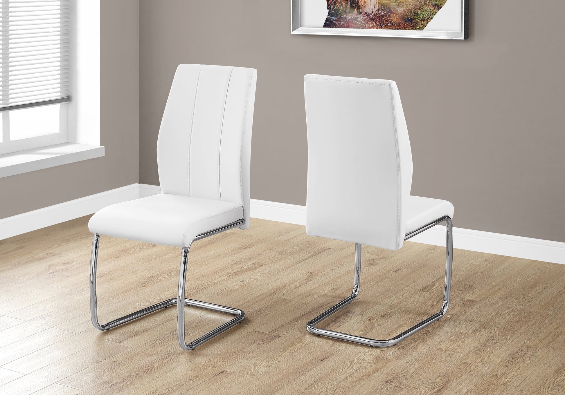 Dining Chair, Set Of 2, Side, Upholstered, Kitchen, Dining Room, 39" Height, White Leather Look, Chrome Metal, Contemporary, Modern White Foam Faux Leather