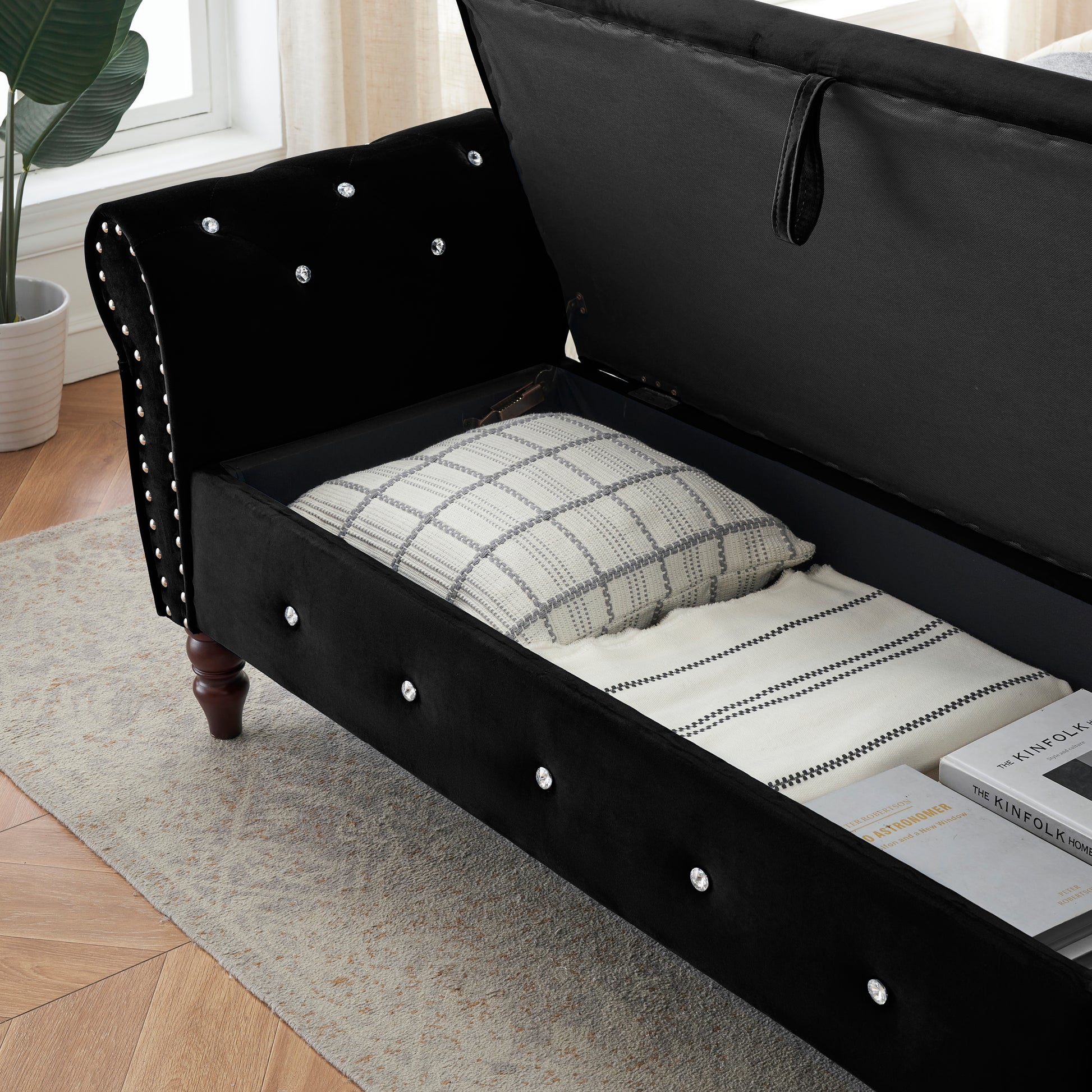 63.38"Velvet Multifunctional Storage Rectangular Ottoman Bench Comes With Crystal Buckle Solid Wood Legs With 1 Pillow,Black Black Velvet