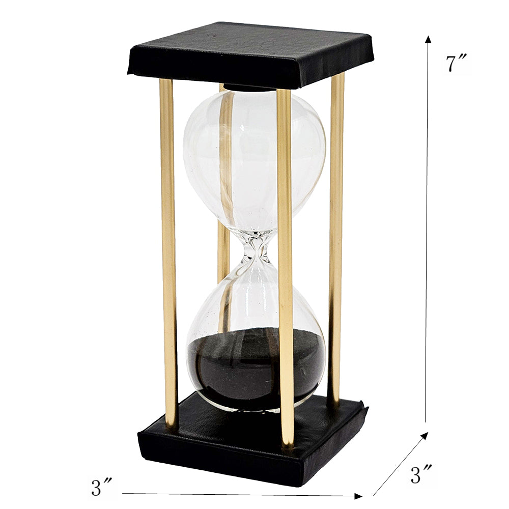 Set Of 2, 3X3X7" Stanley 15 Minute Hourglass, Framed With An Metal Stand, Black Black Glass Metal,Mdf,Pu Leather