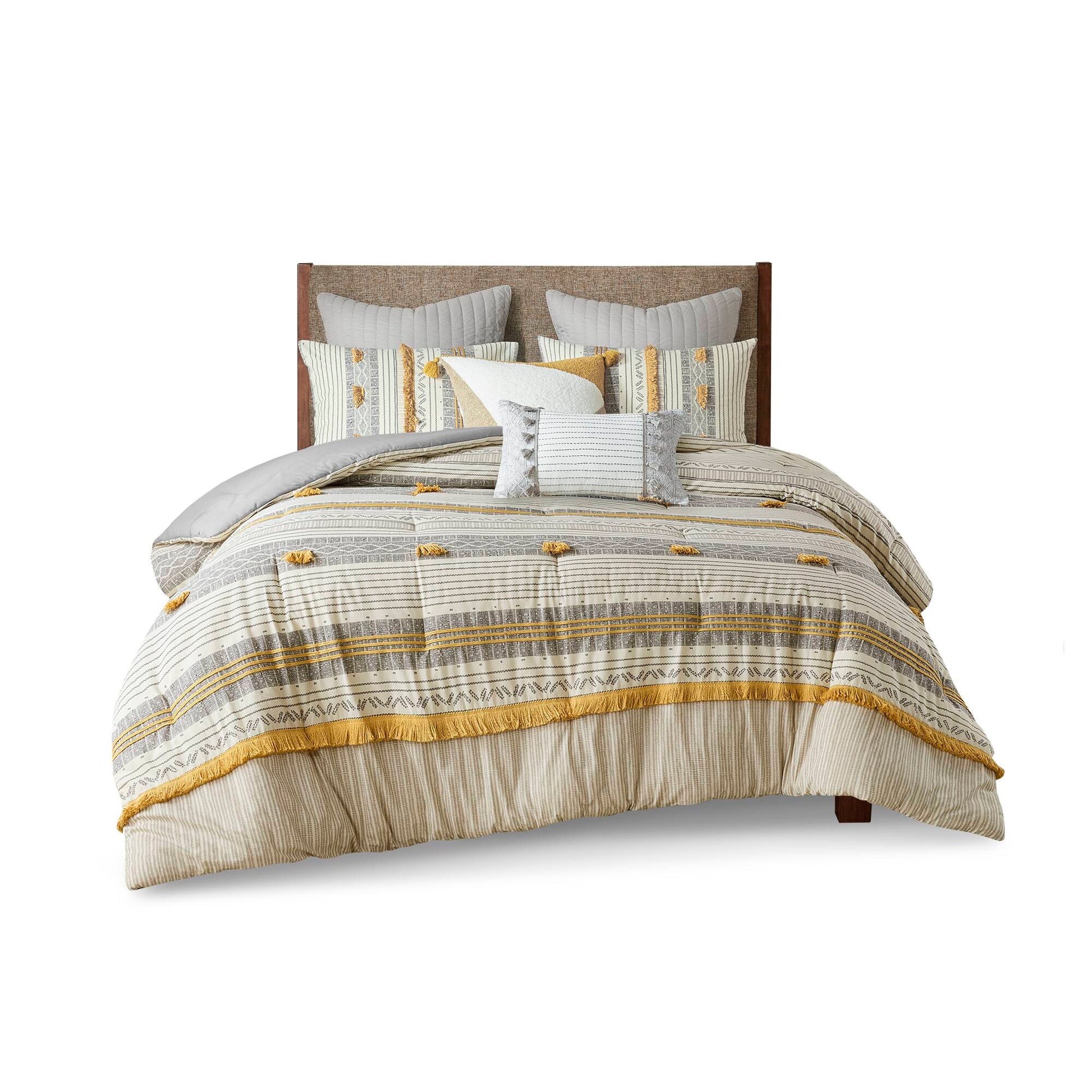 3 Piece Cotton Comforter Set Gray Yellow Full Queen Queen Gray Yellow Cotton