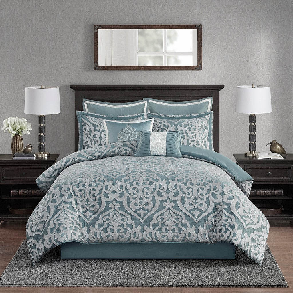 8 Piece Jacquard Comforter Set Aqua Silver Cal King California King Aqua Silver Polyester