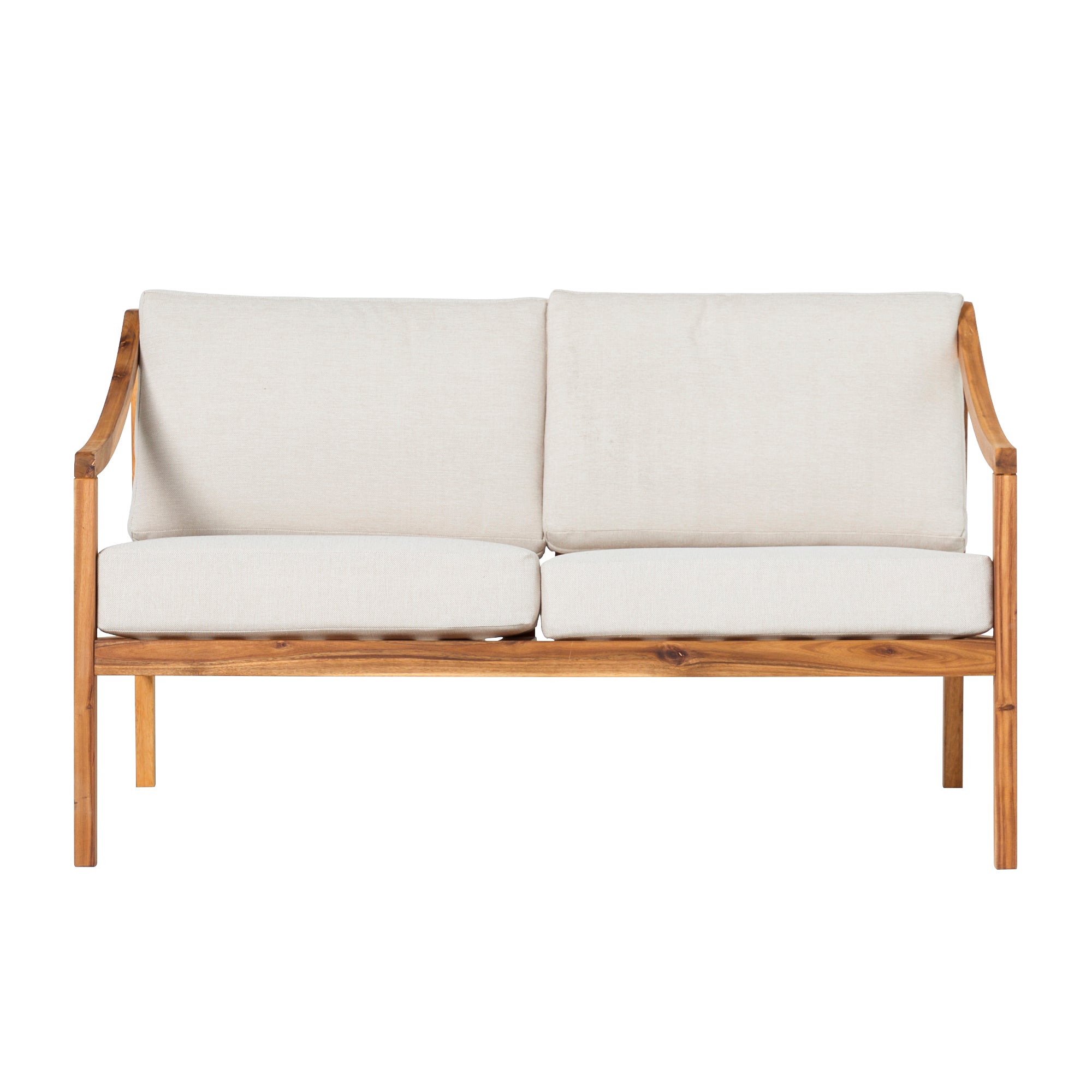 Modern Curved Arm Solid Wood Upholstered Outdoor Loveseat Natural Natural Wood Acacia Wood