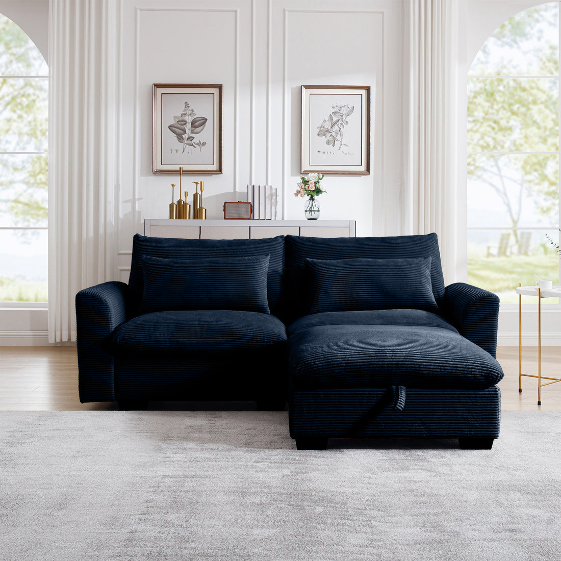 Sectional Sofa Comfy Corduroy Couch For Living Room With Pillows And Round Armrests, Modern Corduroy Sofa Sleeper Deep Couches With Storage Ottoman Blue, 2 Seat Blue Corduroy 2 Seat