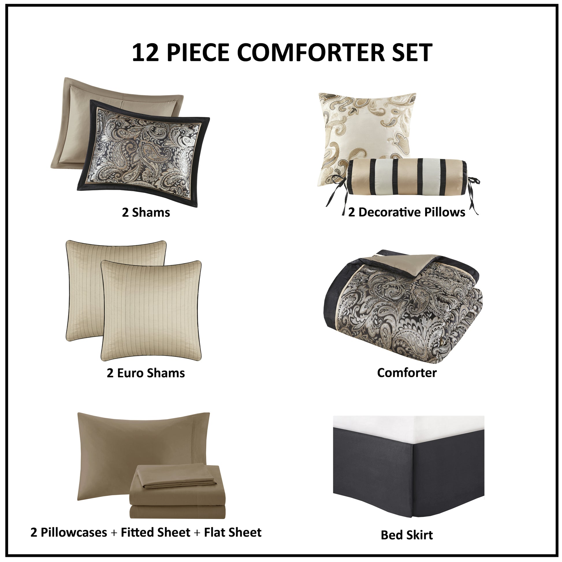 12 Piece Comforter Set With Cotton Bed Sheets Black Cal King California King Black Cotton