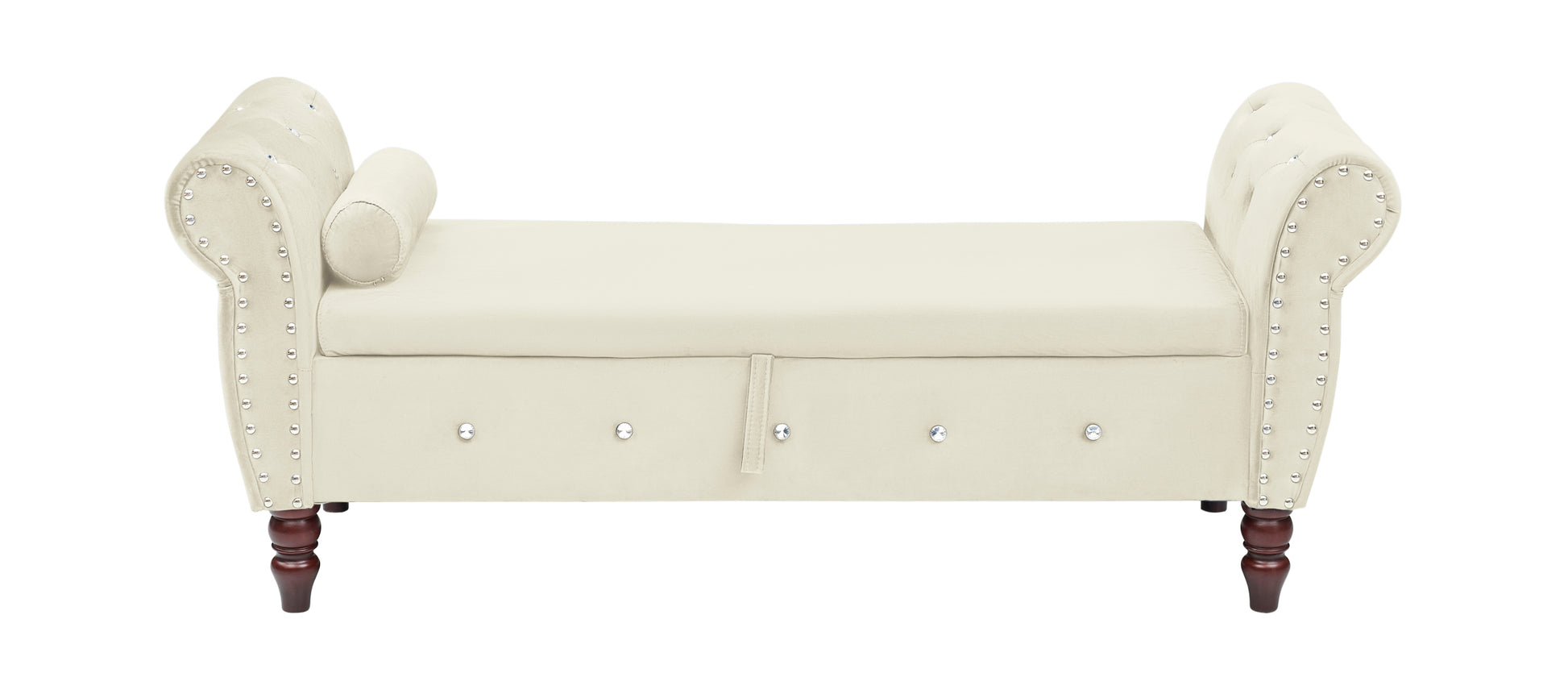 63.38"Velvet Multifunctional Storage Rectangular Ottoman Bench Comes With Crystal Buckle Solid Wood Legs With 1 Pillow,Beige Beige Velvet