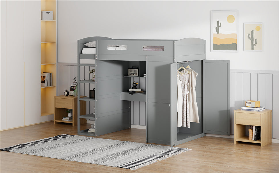 Twin Size Loft Bed With Desk, Wardrobes, 4 Drawers And 4 Shelves Gray Twin Gray Solid Wood