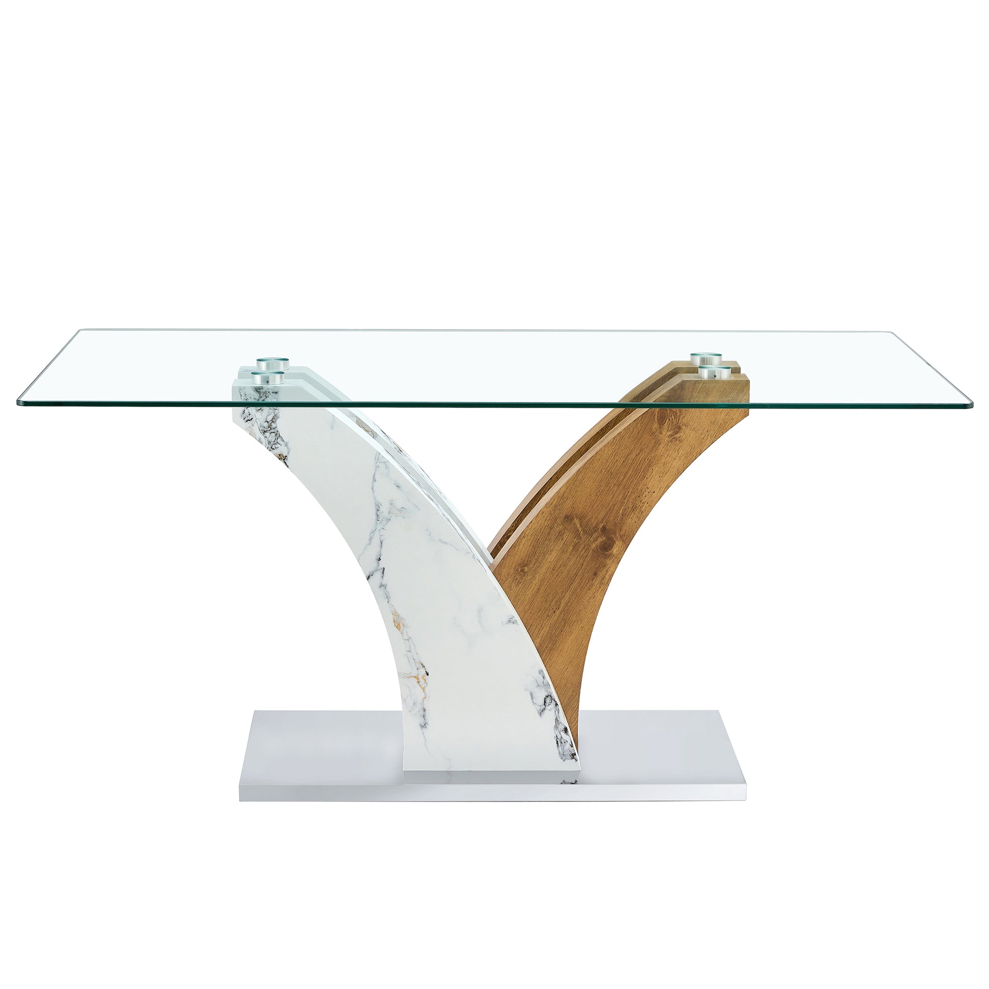 Table And Chair Set.Modern Dining Table, Tempered Glass Countertop With Artistic Mdf Legs.Paried With 4 Comfortable Chairs With Pu Seats And Metal Legs. Suitable For Various Decoration Styles. Black Brown,Transparent Seats 4 Mdf Metal