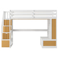 Full Size Loft Bed With Desk And Shelves, Two Built In Drawers, Storage Staircase, White And Natural Full Natural White Plywood,Solid Wood Mdf