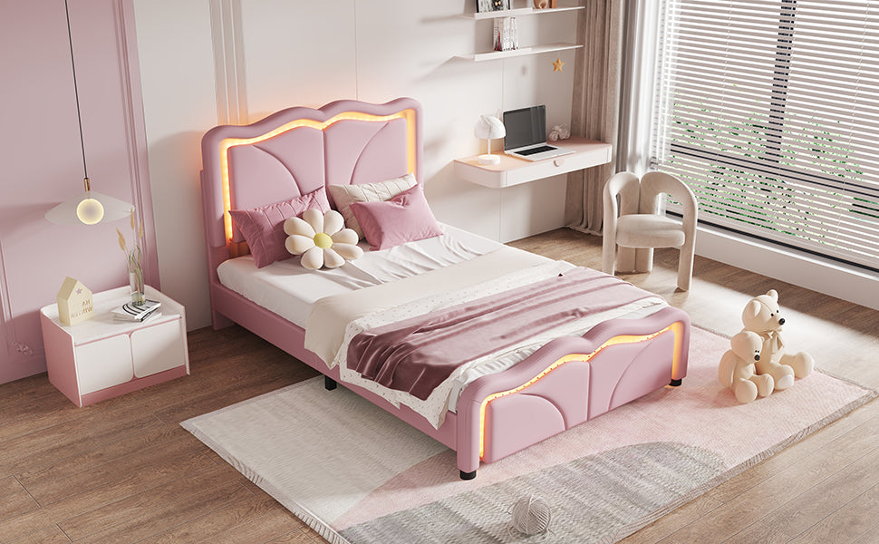 Twin Size Upholstered Platform Bed With Curve Shaped And Height Adjustbale Headboard,Led Light Strips,Pink Twin Pink Upholstered