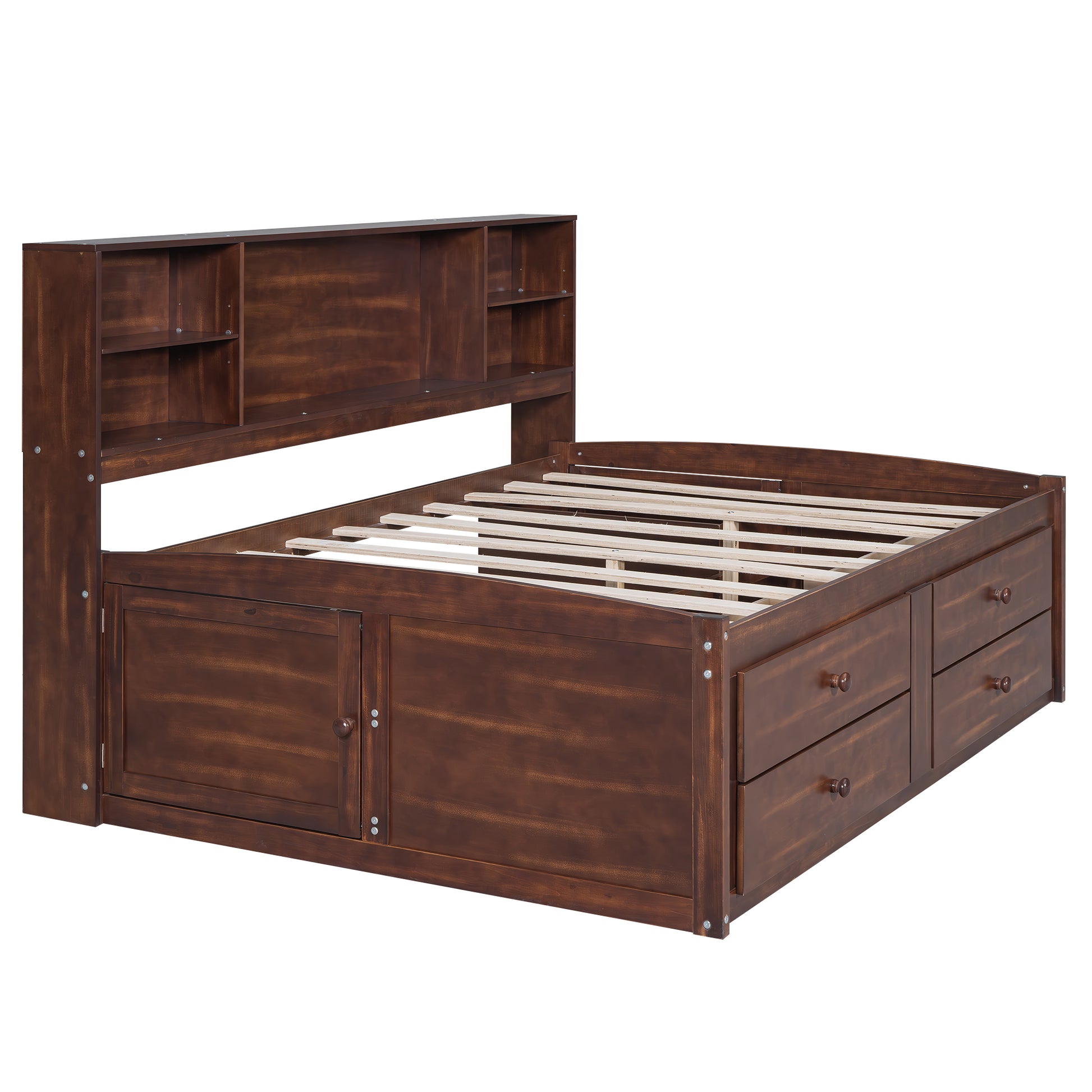 Full Size Wooden Captain Bed With Built In Storage Shelves, 4 Drawers And 2 Cabinets, Antique Brown Box Spring Not Required Full Antique Brown Wood Bedroom Bed Frame Solid Wood Mdf