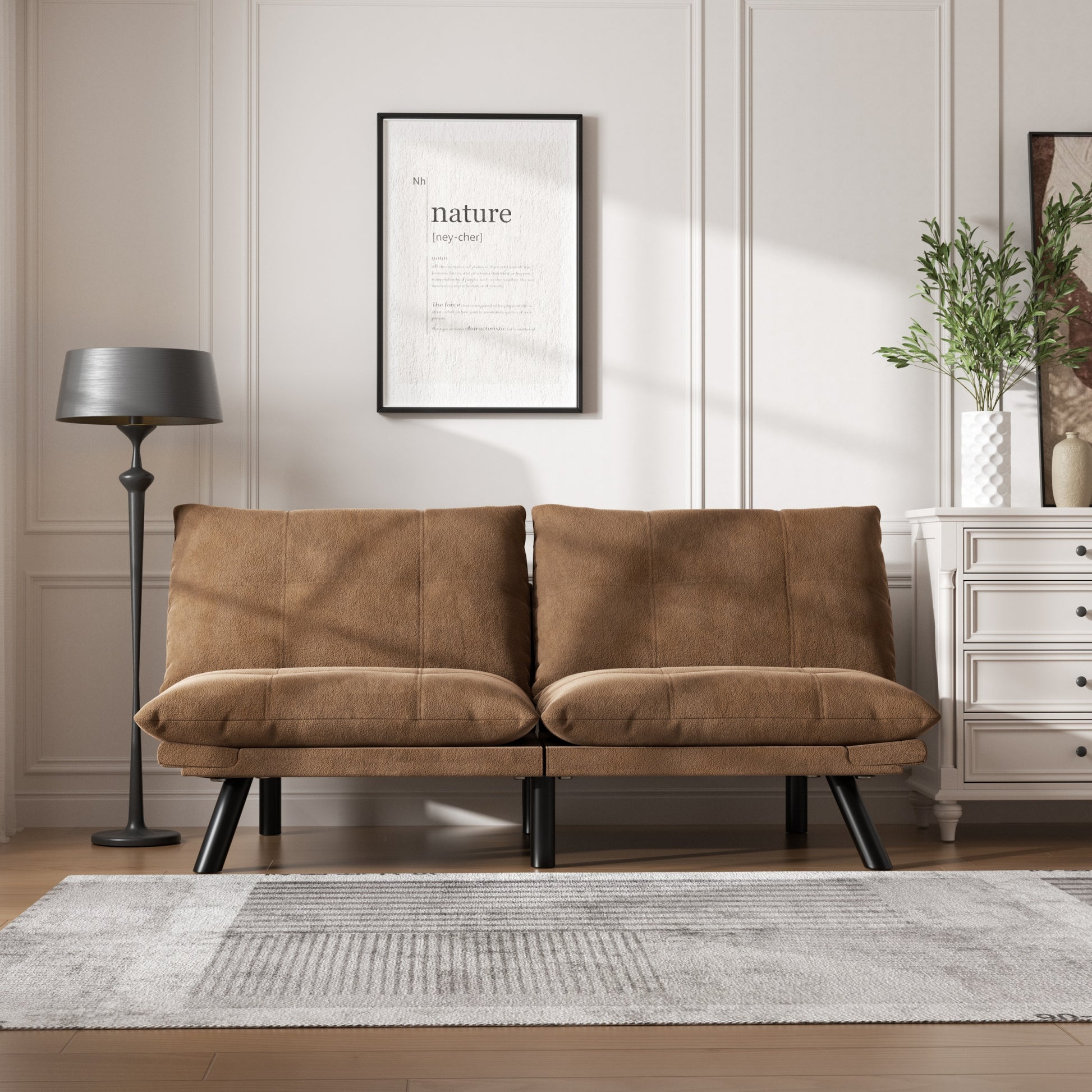 Leatehr Feeling Brown Convertible Folding Modern Sofa Bed White Wood Primary Living Space Light Duty Pine 2 Seat Brown Microfiber Medium Firm Pillow Back Modern Pillow Top Arms Foam Upholstered