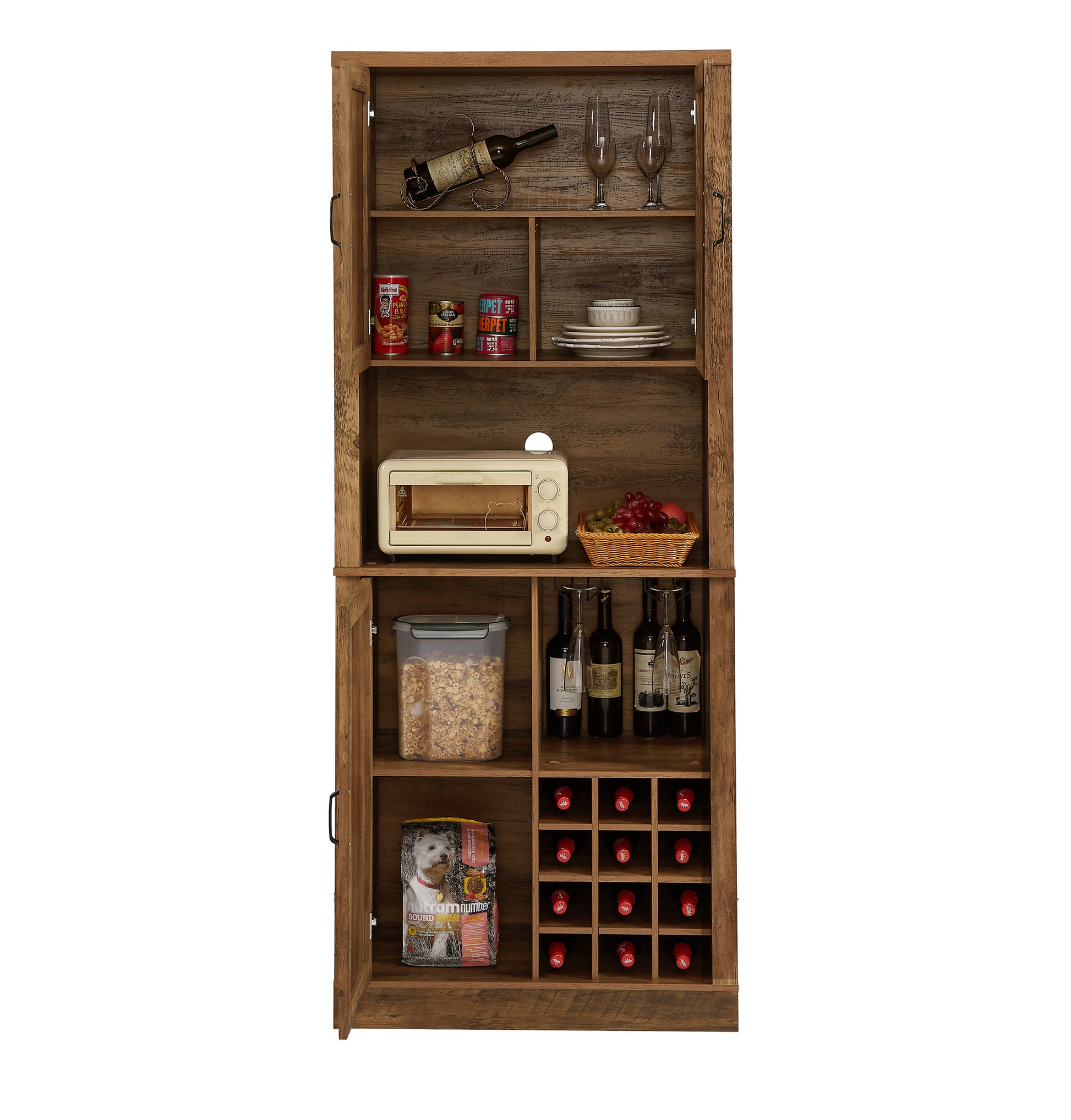 76 Inch Tall Rustic Oak Color Farmhouse Kitchen Faux Rattan Wine Cabinet, Kitchen Bar Cabinet With Square Compartmentslarge Wooden Faux Rattan Storage Cabinet With Barn Doors And Microwave Shelves Oak Particle Board Mdf