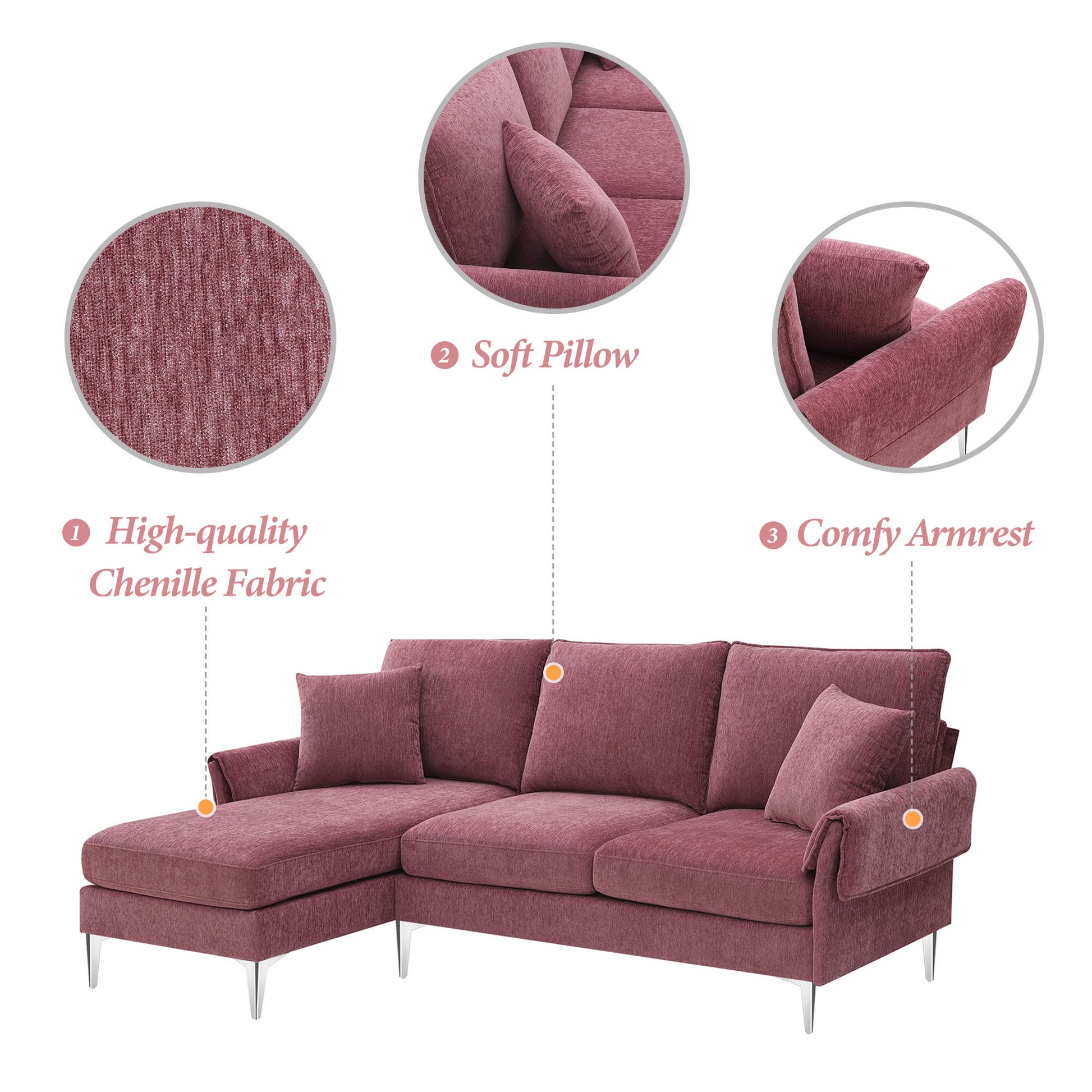 84 "Modern Chenille L Shaped Sofa With Reversible Lounge,Convertible Sectional Couch Set,4 Seat Indoor Furniture With Reversible Chaise,Fit For Living Room, Apartment 2 Pillows Pink Chenille 4 Seat