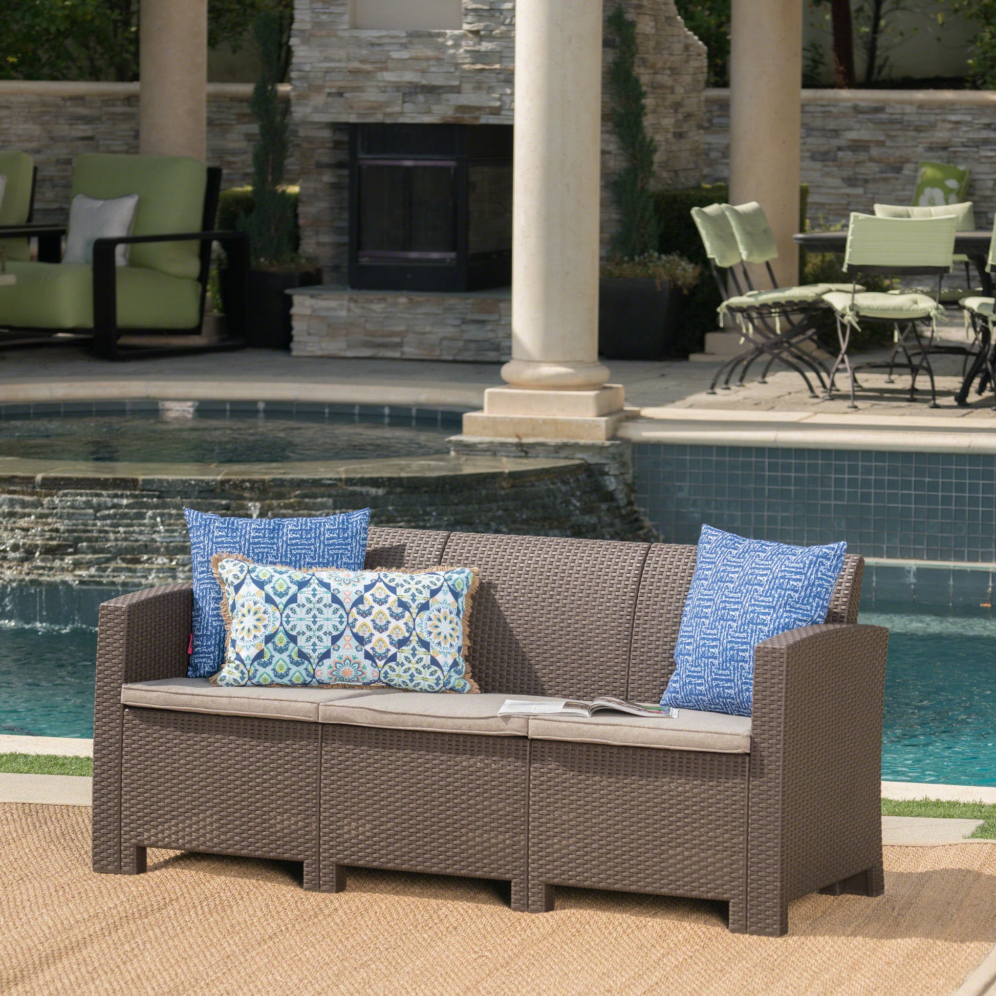 67.7" Outdoor 3 Seater Faux Wicker Rattan Style Sofa With Water Resistant Cushions, Brown Mix Beige Brown Beige Fabric