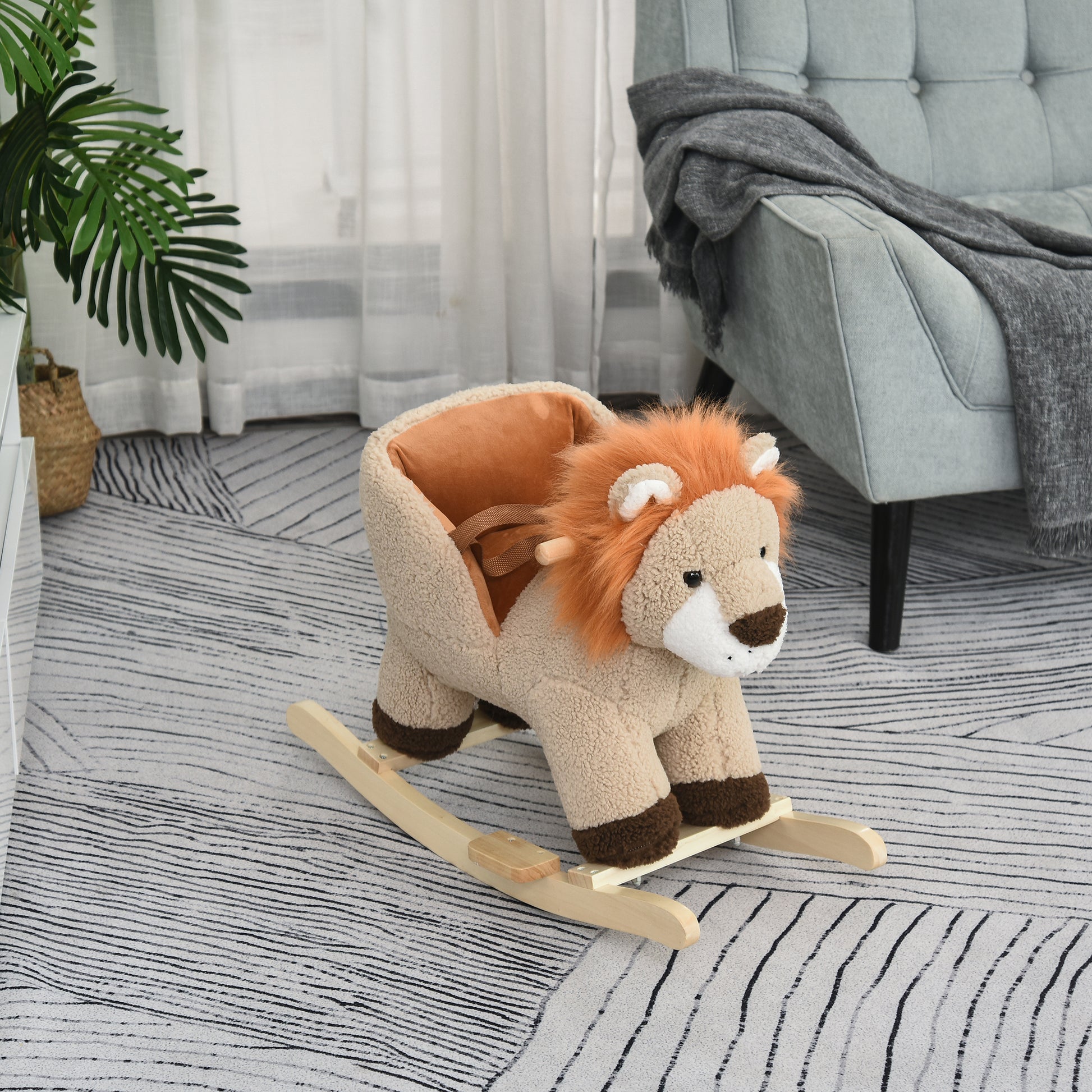 Qaba Baby Rocking Horse Lion With Sound, Plush Stuffed Rocking Animals, Wooden Rocking Horse With Seat Belt For 18 36 Months Boys And Girls Gift, Brown Brown Plush