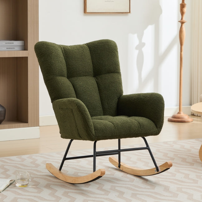 Modern Nursery Rocking Chair Upholstered Glider Chair With High Backrest Rocker Accent Armchair With Solid Wood Legs For Nursery Bedroom Living Room Teddy Dark Green Dark Green Teddy