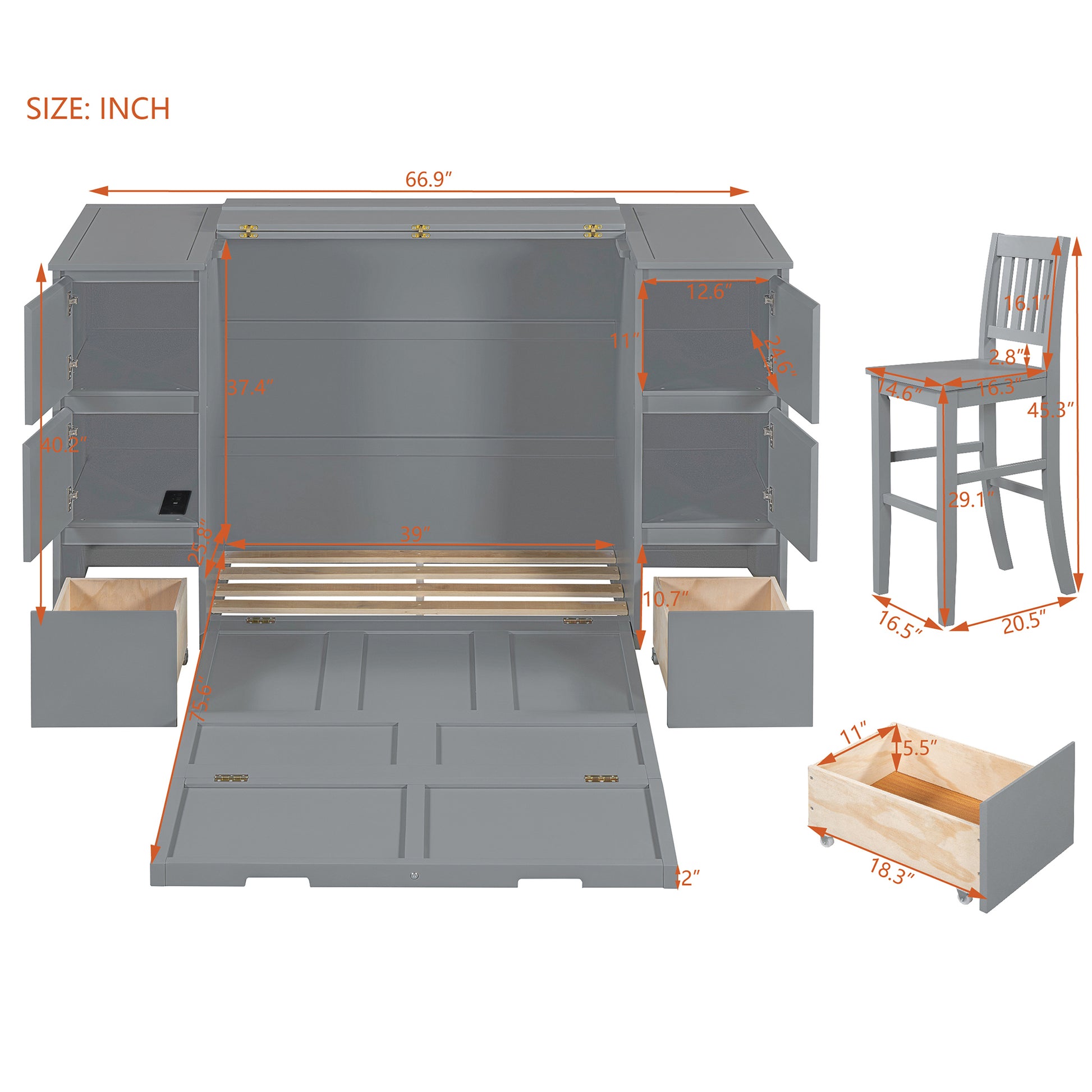 Twin Size Murphy Bed With Drawers, Cabinets And Usb Ports,Gray Twin Gray Mdf Lvl