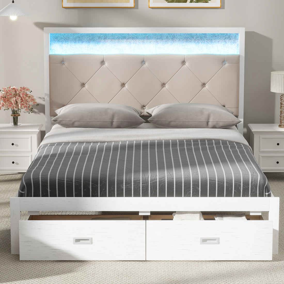 Wood Queen Size Platform Bed With Upholstered Headboard And Led And 2 Drawers, Antique White Box Spring Not Required Queen Antique White Wood Bed Frame Solid Wood Mdf