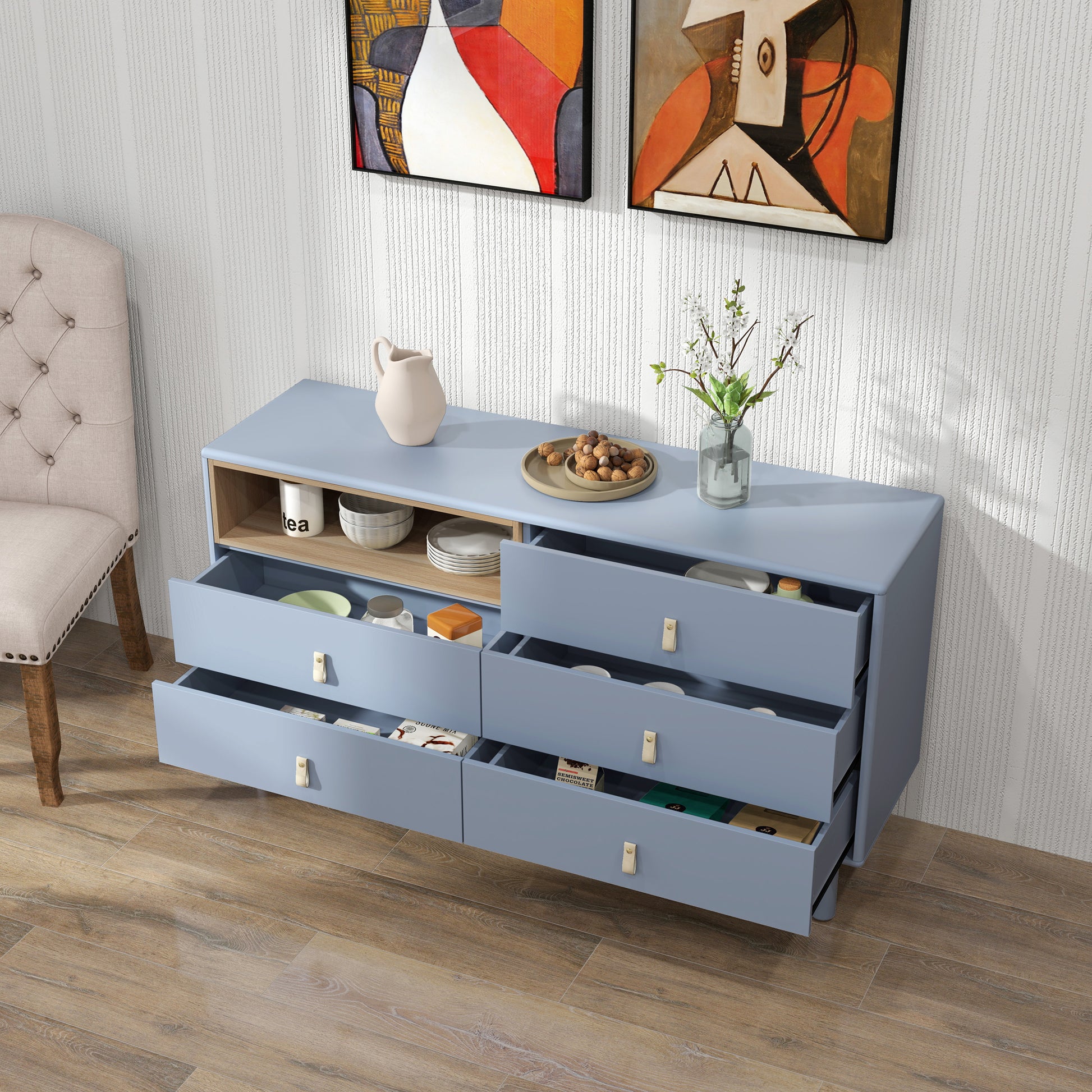 With 5 Drawers Storage Cabinet Drawer Cabinet Multifunctional Storage Cabinet Modern Drawer Cabinet Wooden Storage Cabinet Leather Handle Drawer Cabinet Home Storage Cabinet Office Cabinet Blue Solid Wood Mdf