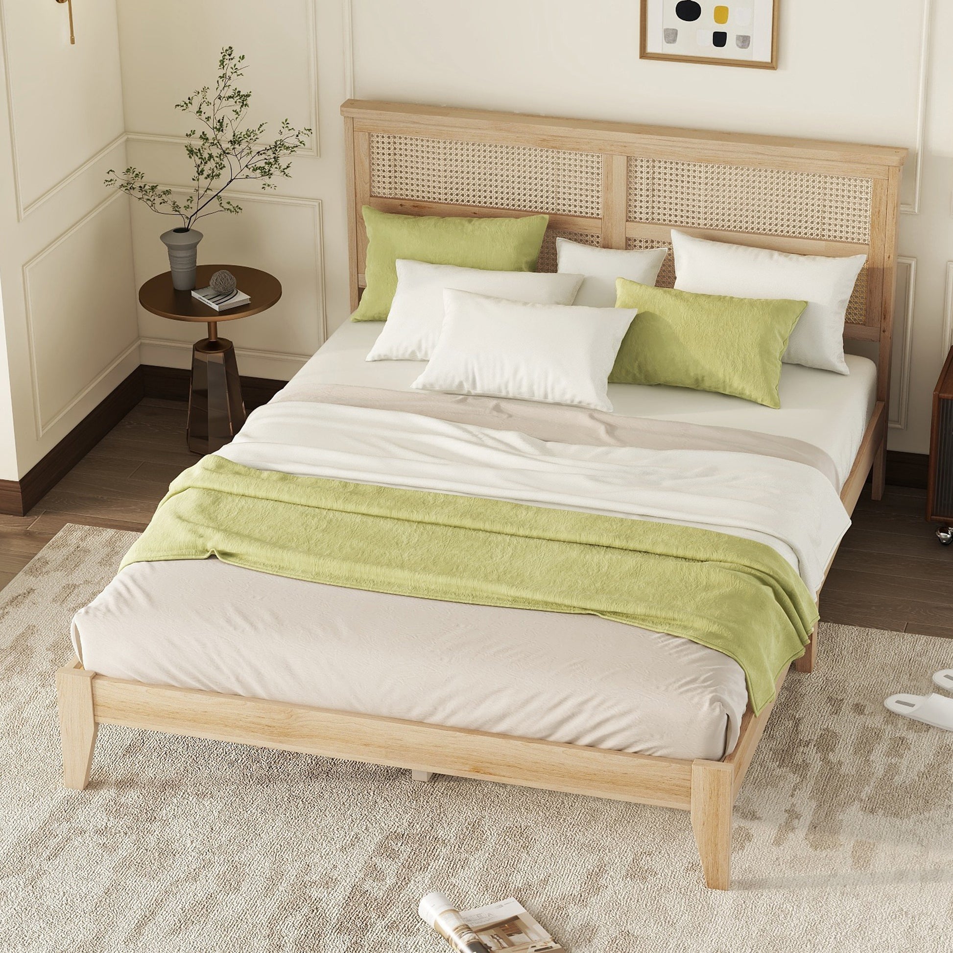 Queen Size Rubber Wooden, Solid Wooden Bed With Rattan Headboard, Enhanced By Support Feet Queen Natural American Design Rubber Wood