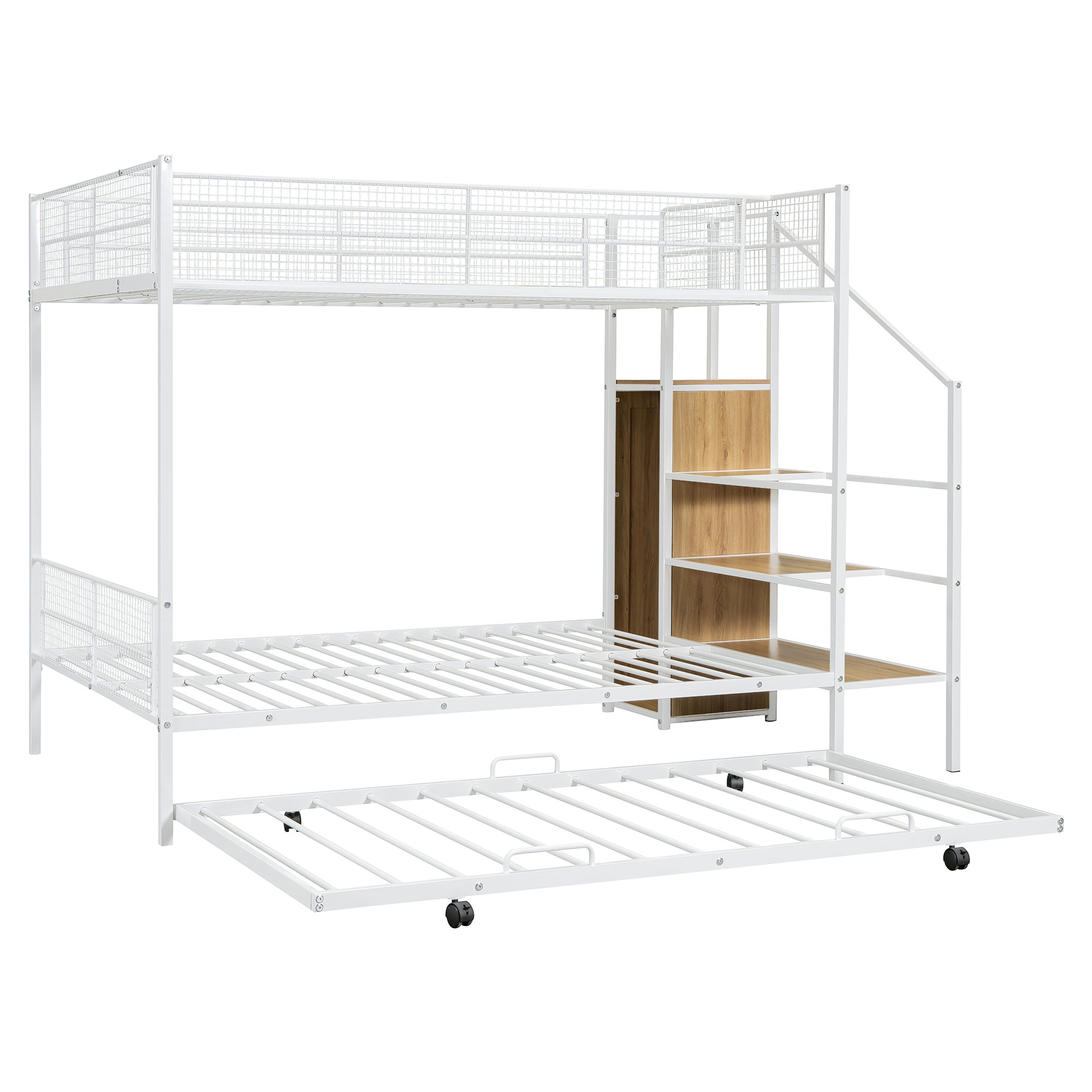 Twin Over Full Metal Bunk Bed With Trundle And Lateral Storage Ladder And Wardrobe, White White Metal