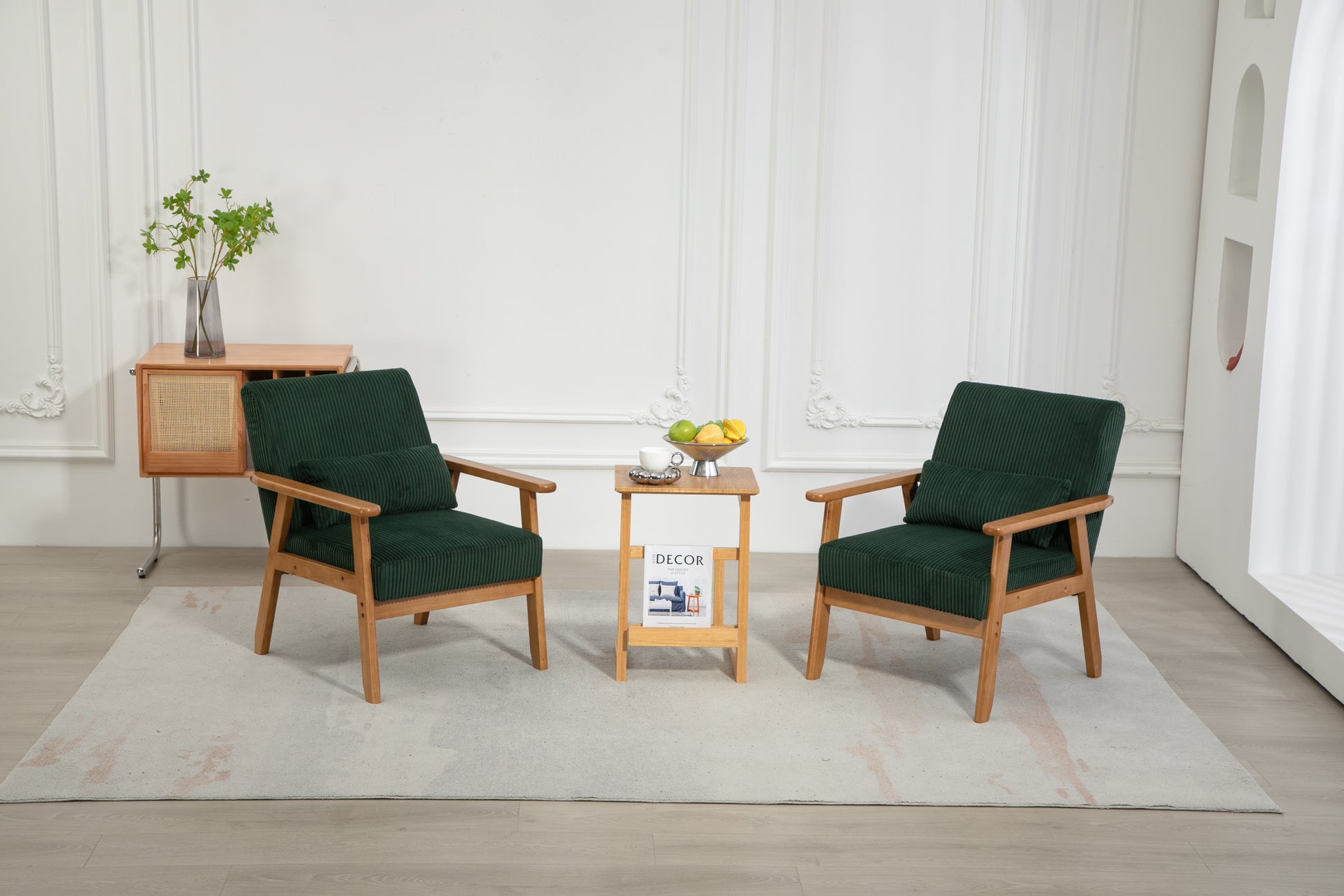 Leisure Chair With Solid Wood Armrest And Feet, Leisure Chair, Wood Frame, Velvet, Solid Rubber Wood Legs, Mid Century Modern Accent Chair, For Living Room Bedroom Studio Chair,Two Packs Emerald Corduroy