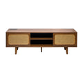 Mid Century Modern Rattan Tv Stand For 55 60 65 Inch Tventertainment Cabinet, Media Console For Living Room Bedroom Media Room, Solid Wood Feet & Rattan Cabinet Doors Walnut, 59
