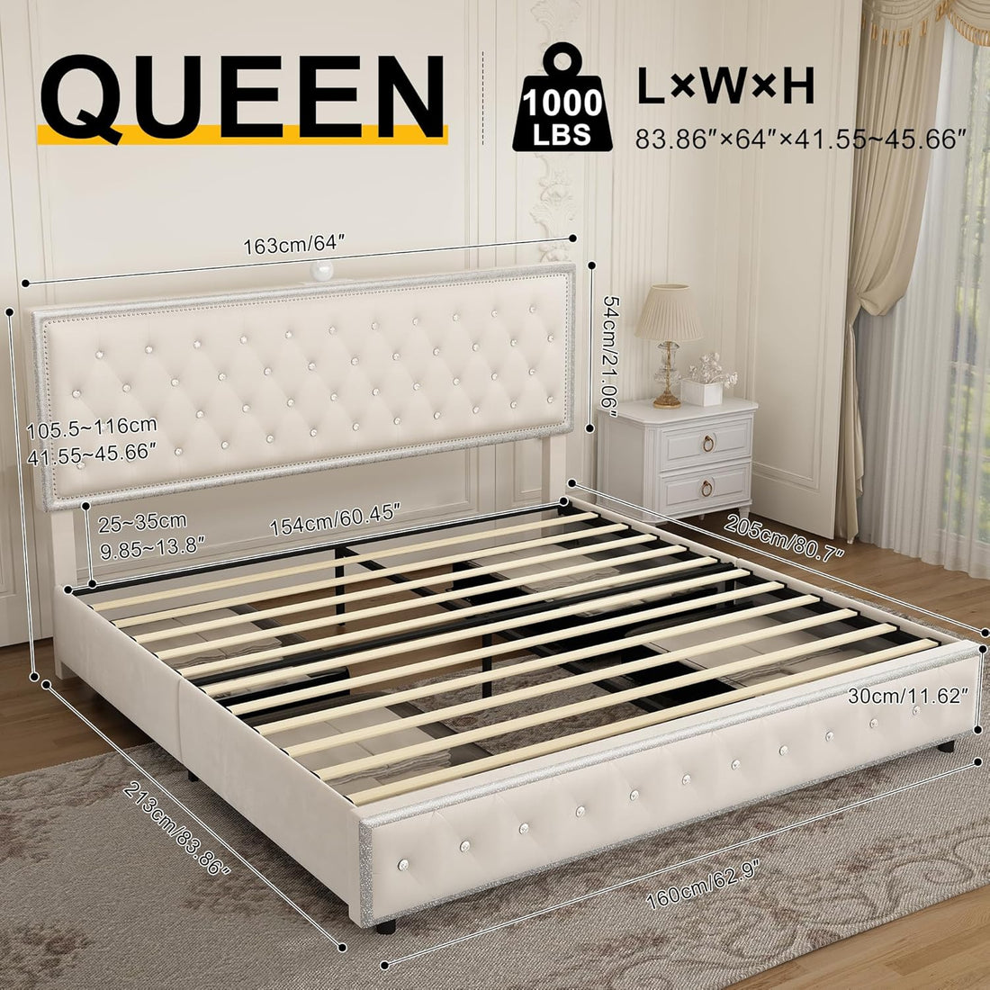 Queen Size Bed Frame With 4 Drawers, Star Galaxy Projector, Usb Charger, Music Speaker, Adjustable Upholstered Headboard With Diamond Button,Velvet Cream Mdf Metal