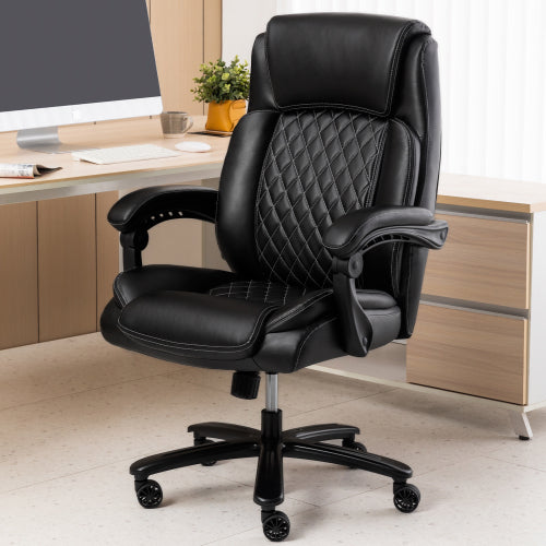 Executive Office Chair 400Lbs Heavy Duty Office Chair, Wide Seat Bonded Leather Office Chair With 30 Degree Back Tilt & Lumbar Support Black Caster Iron Black Office Dry Clean Round Handle Office Chairs Solid Back Casters Leather