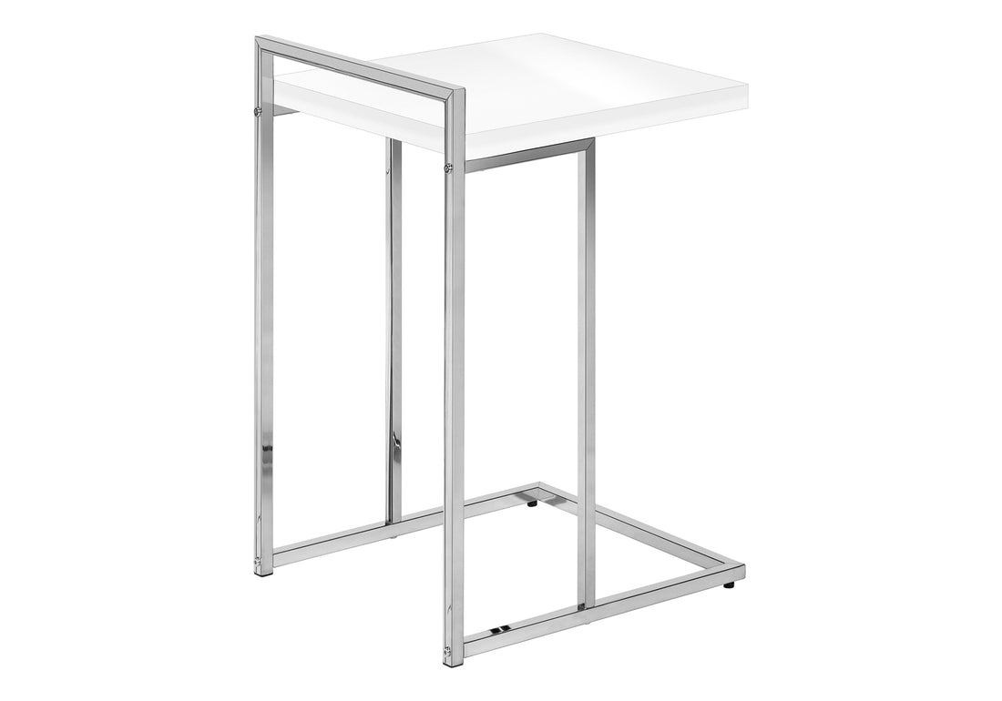 Accent Table, C Shaped, End, Side, Snack, Living Room, Bedroom, Glossy White Laminate, Chrome Metal, Contemporary, Modern White Particle Board