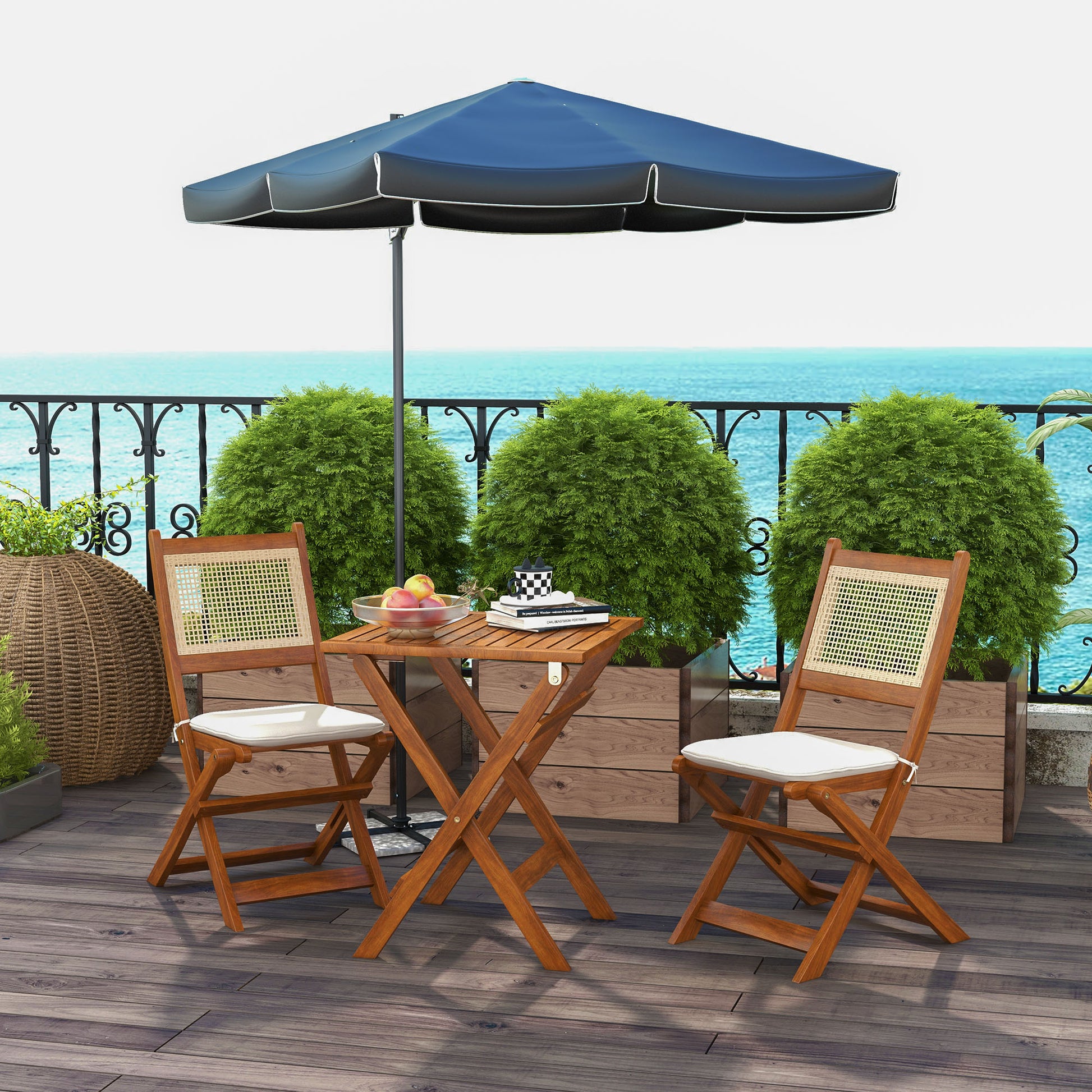 Outsunny 3 Pieces Patio Bistro Set Foldable Wooden Pe Rattan Conversation Furniture Outdoor With Cushions, For Porch, Backyard, Garden, Light Teak Teak Rattan Metal