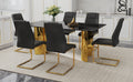 Table And Chair Set.The Table Has A Glass Tabletop With Imitation Marble Pattern Stickers And Stainless Steel Golden Table Legs. Paried With Comfortable Chairs With Pu Seats And Metal Legs. Gold Black Seats 6 Glass Metal