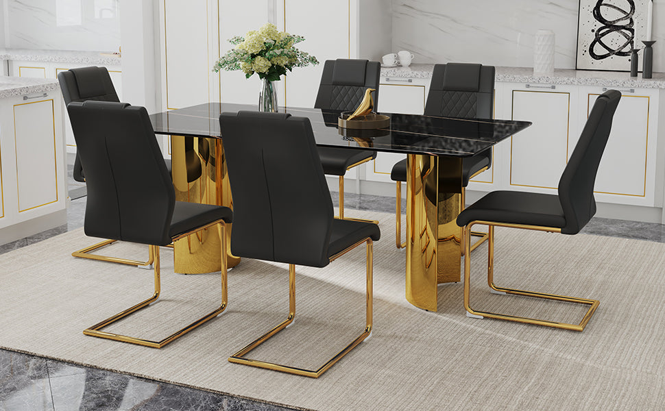 Table And Chair Set.The Table Has A Glass Tabletop With Imitation Marble Pattern Stickers And Stainless Steel Golden Table Legs. Paried With Comfortable Chairs With Pu Seats And Metal Legs. Gold Black Seats 6 Glass Metal