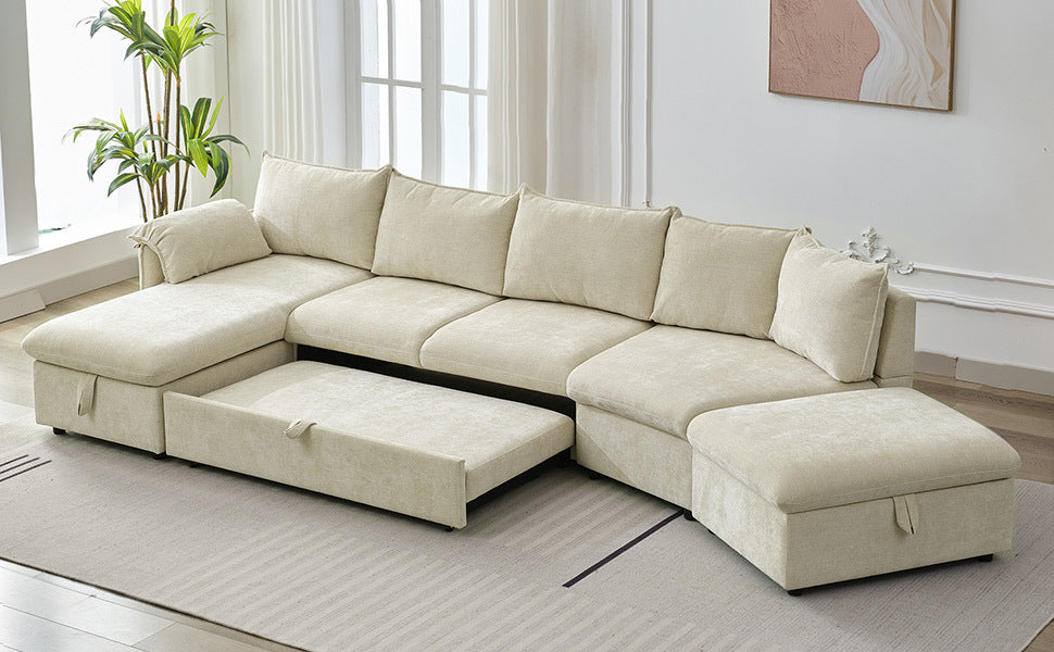 146.9" L Shaped Sofa Sectional Sofa Couch Pull Out Sofa Bed With A Movable Storage Ottoman, A Storage Chaise Lounge And Two Usb Ports For Living Room, Beige Beige Foam Linen 5 Seat