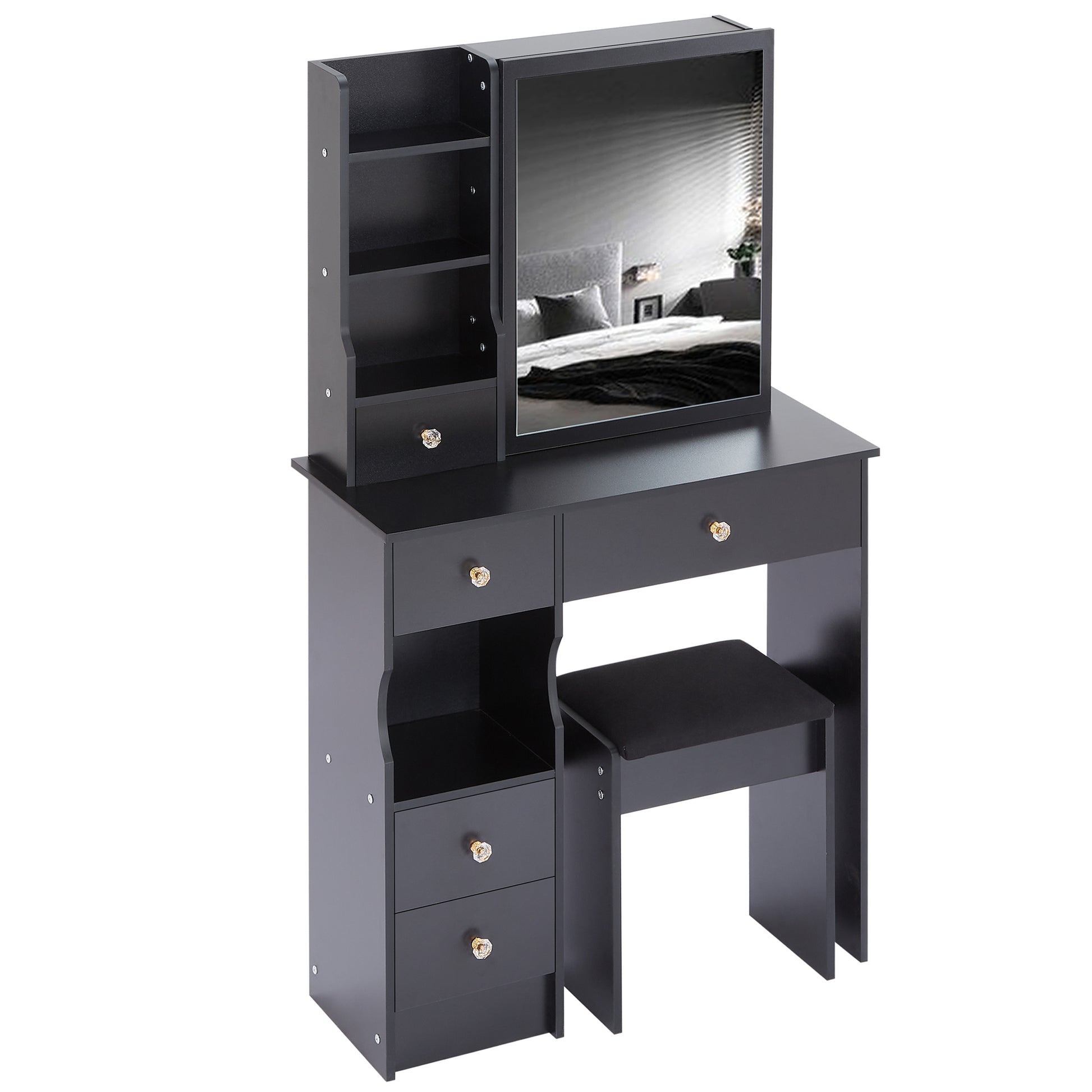 Small Size Left Drawer Desktop Vanity Table Cushioned Stool, Extra Large Sliding Mirror, Multi Layer, High Capacity Storage Fashionable Dresser, Suitable For Small Space, Epa,Gcc,Ul Certificate