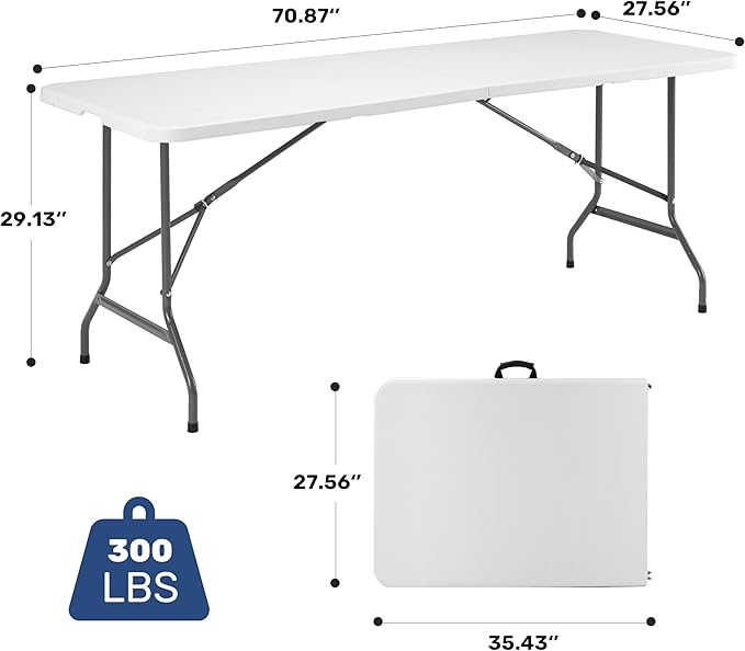 6Ft Folding Table Portable, Heavy Duty Table With Handle For Camping, Picnic, Party, Indoor & Outdoor Use, Easy To Clean & Space Saving Design White Steel