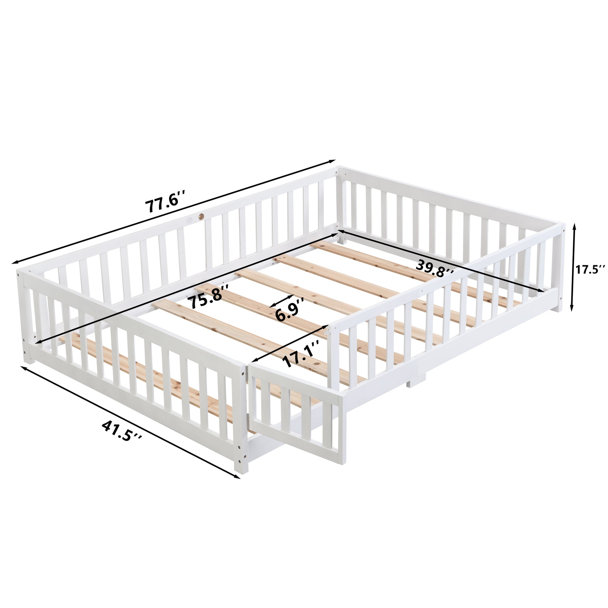 Twin Size Floor Bed With Door,Solid Wood Platform Bed Frame With Fence,Suitable For Children,Pine Wood,White Twin White Wood