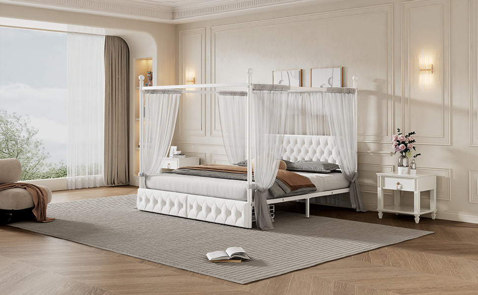 King Size Metal Canopy Platform Bed With Upholstered Headboard And Two Storage Drawers, White King White Metal