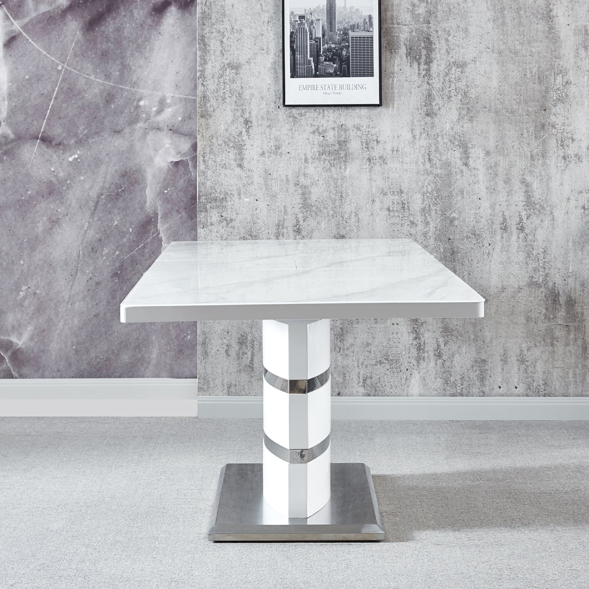 Expandable Glass Top Table With Butterfly Leaf, White Lacquer Mdf Base With Stainless Steel 70.9" 86.6" X 35.4" X 29.5" White Mdf