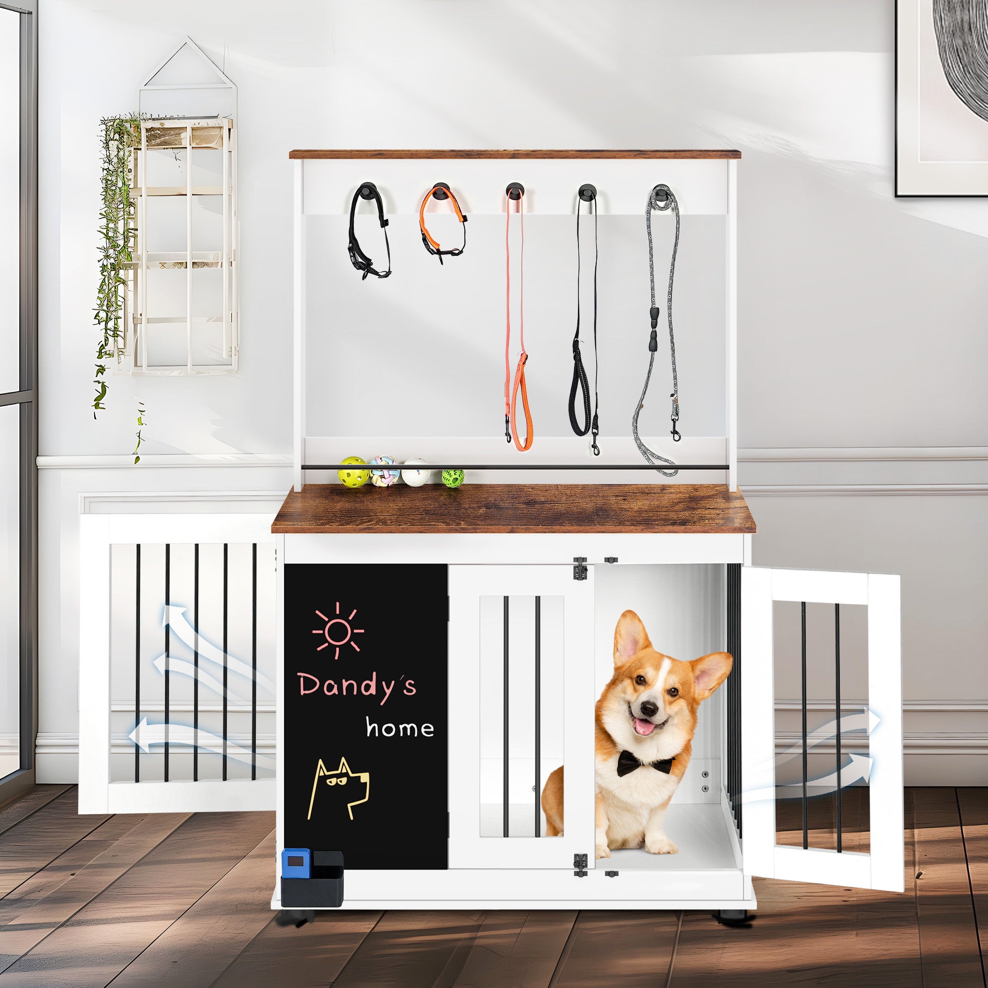 Dog Crate,Graffiti Dog Cage, Kennel With Double Doors, Crate Interior Furniture, Heavy Wooden Dog Cage, Large Dog, White White Vintage Particle Board